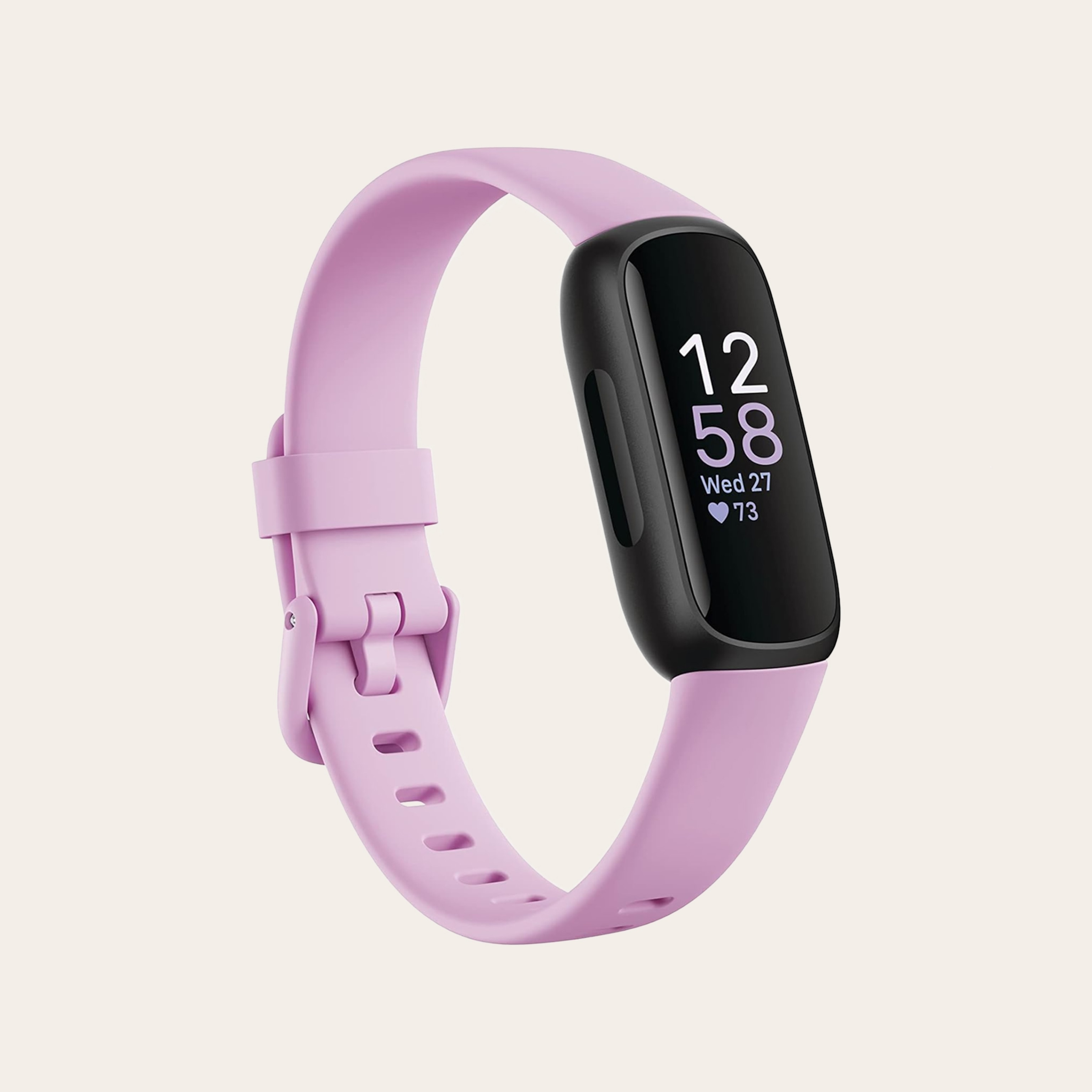 A pink rectangular fitness tracker on a pink silicone band against a tan background.