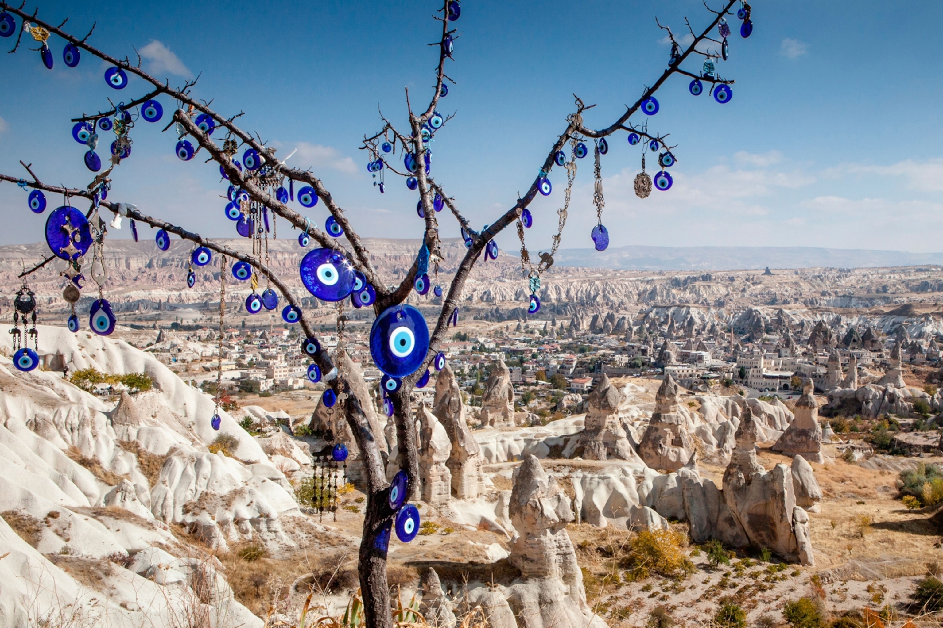 blue glass evil eye charms in a tree overlooking Cappadocia in Turkey
