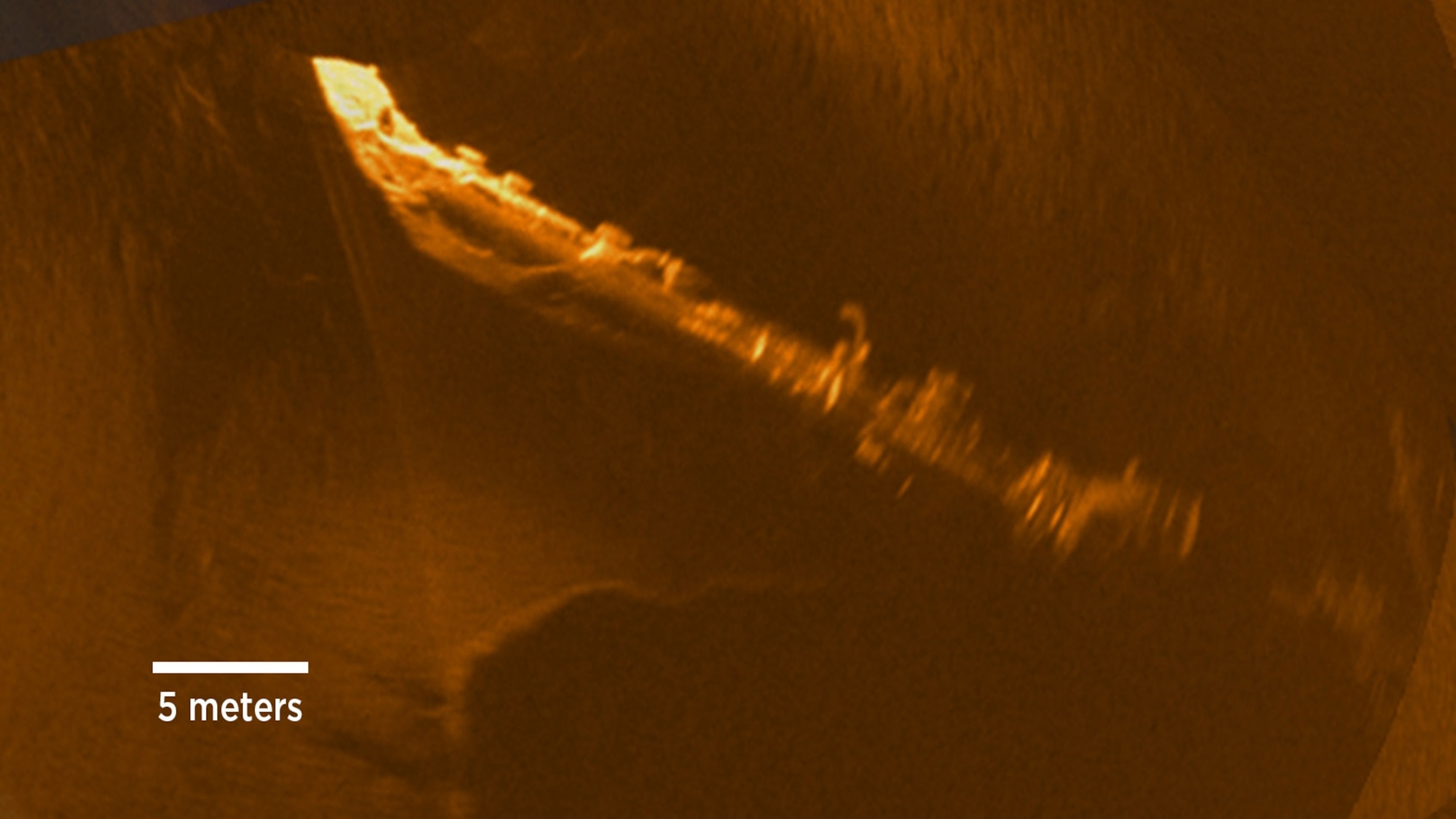 A sonar scan of the Andrea Doria showing the ship's bow.