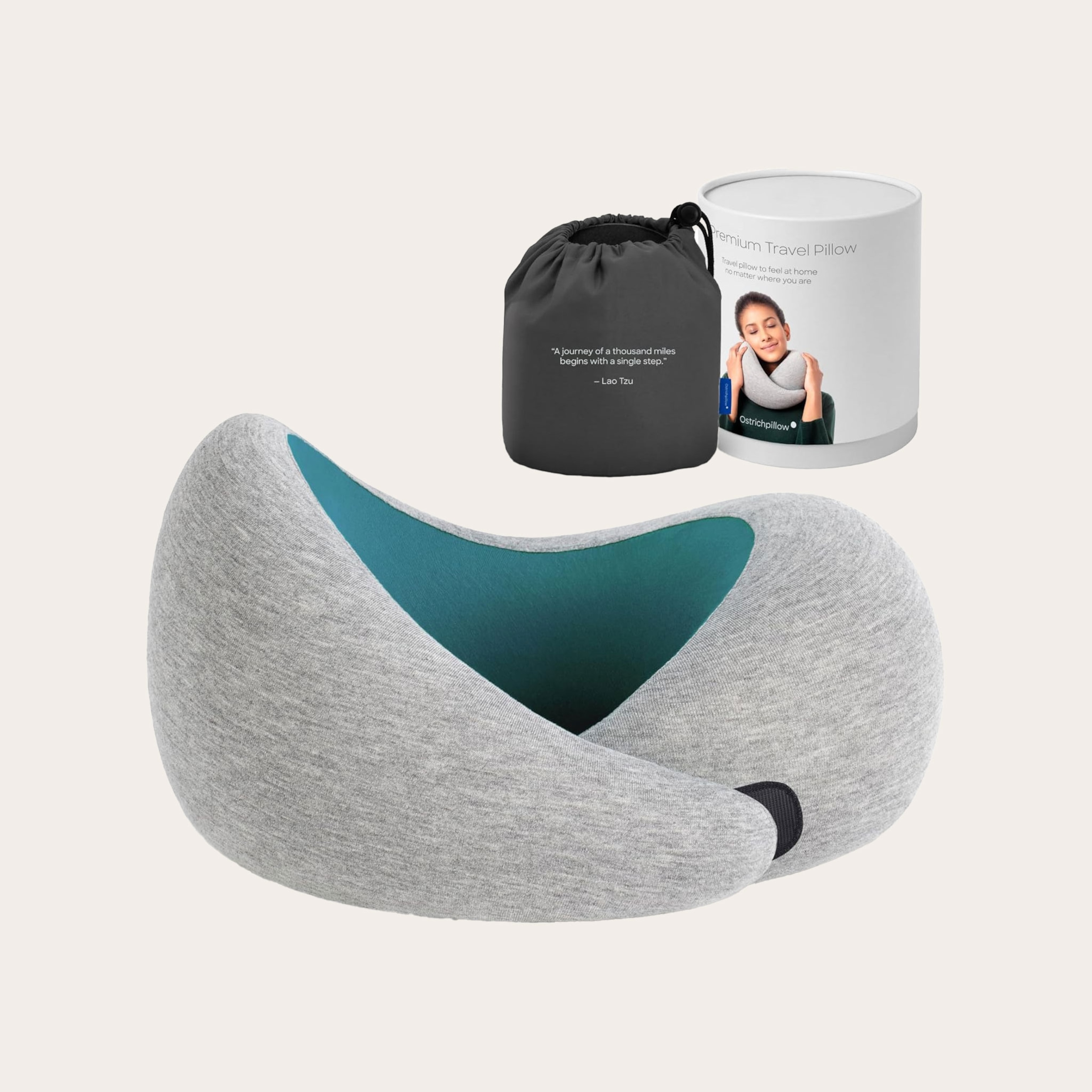 Grey neck pillow and carrying case.