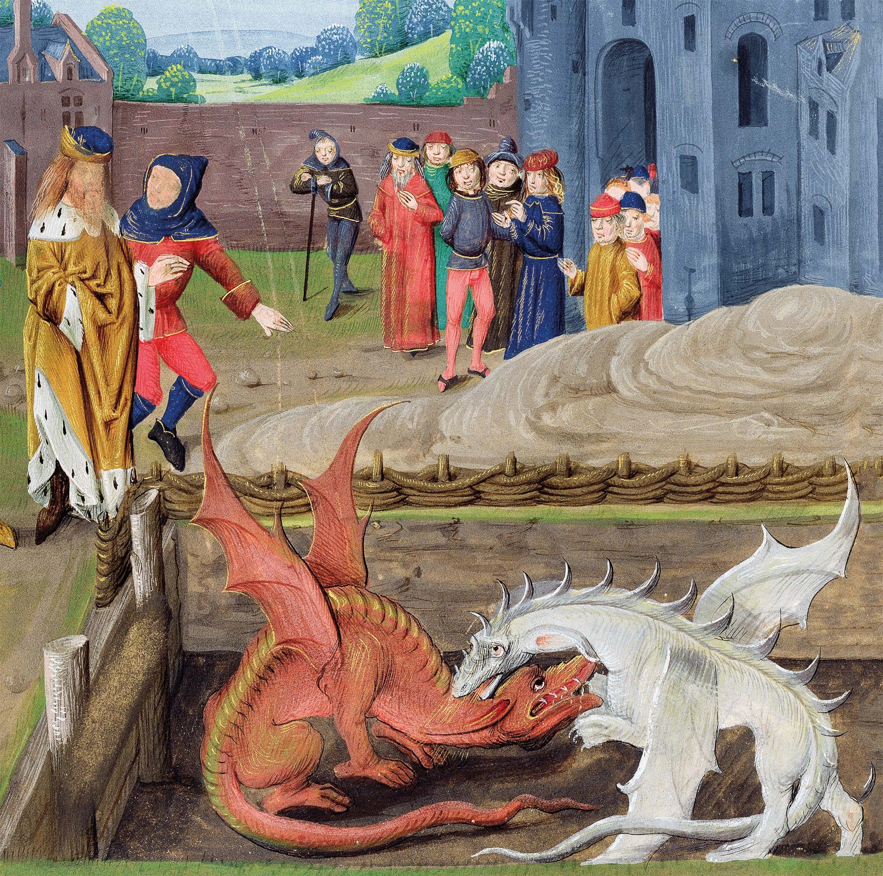 Vortigern watches the hidden dragons fight, revealed by Merlin, whose movements cause his tower to collapse in this illustration.