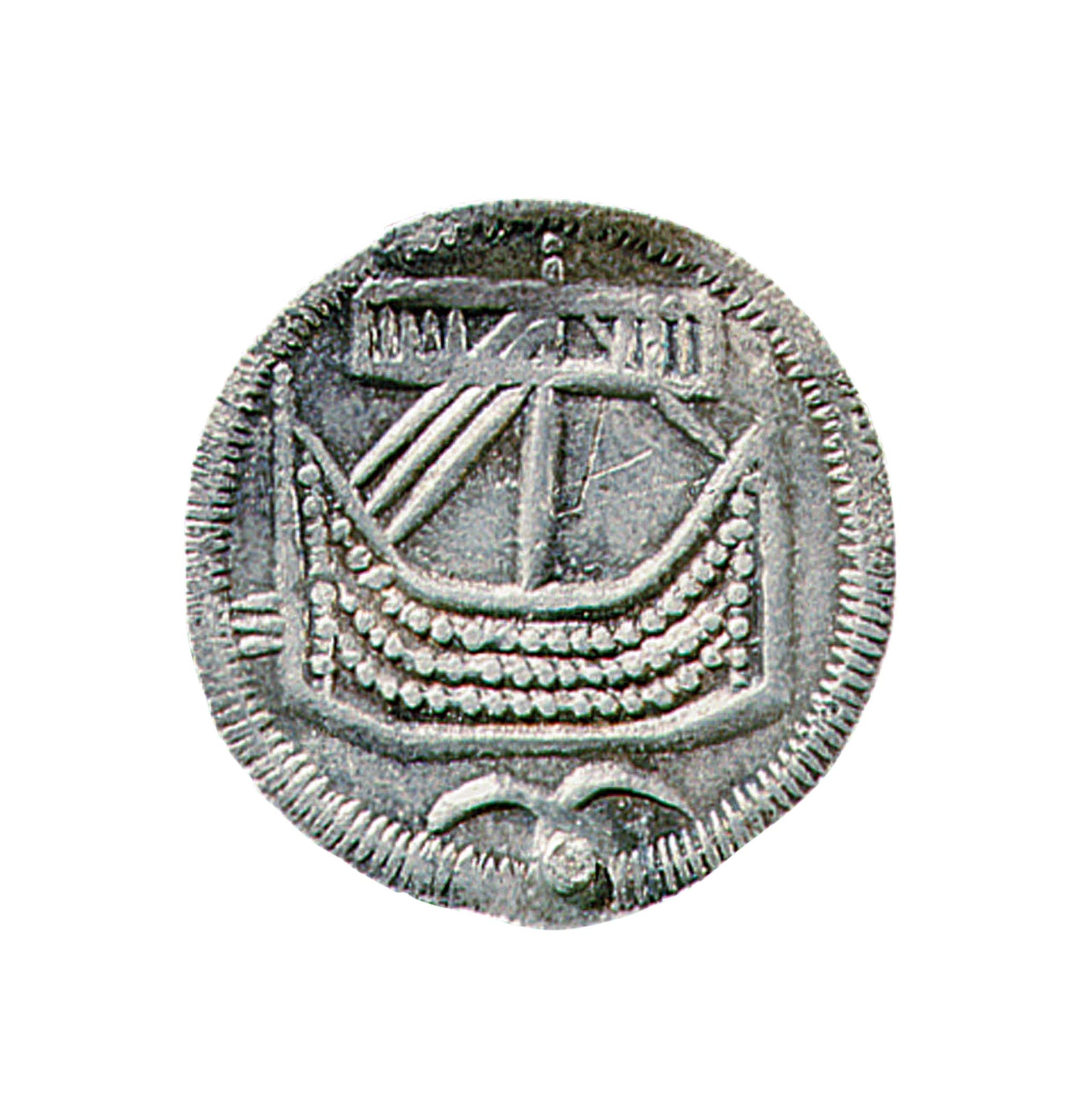 A drakkar, a Viking longship, is depicted on a coin from the late ninth century.
