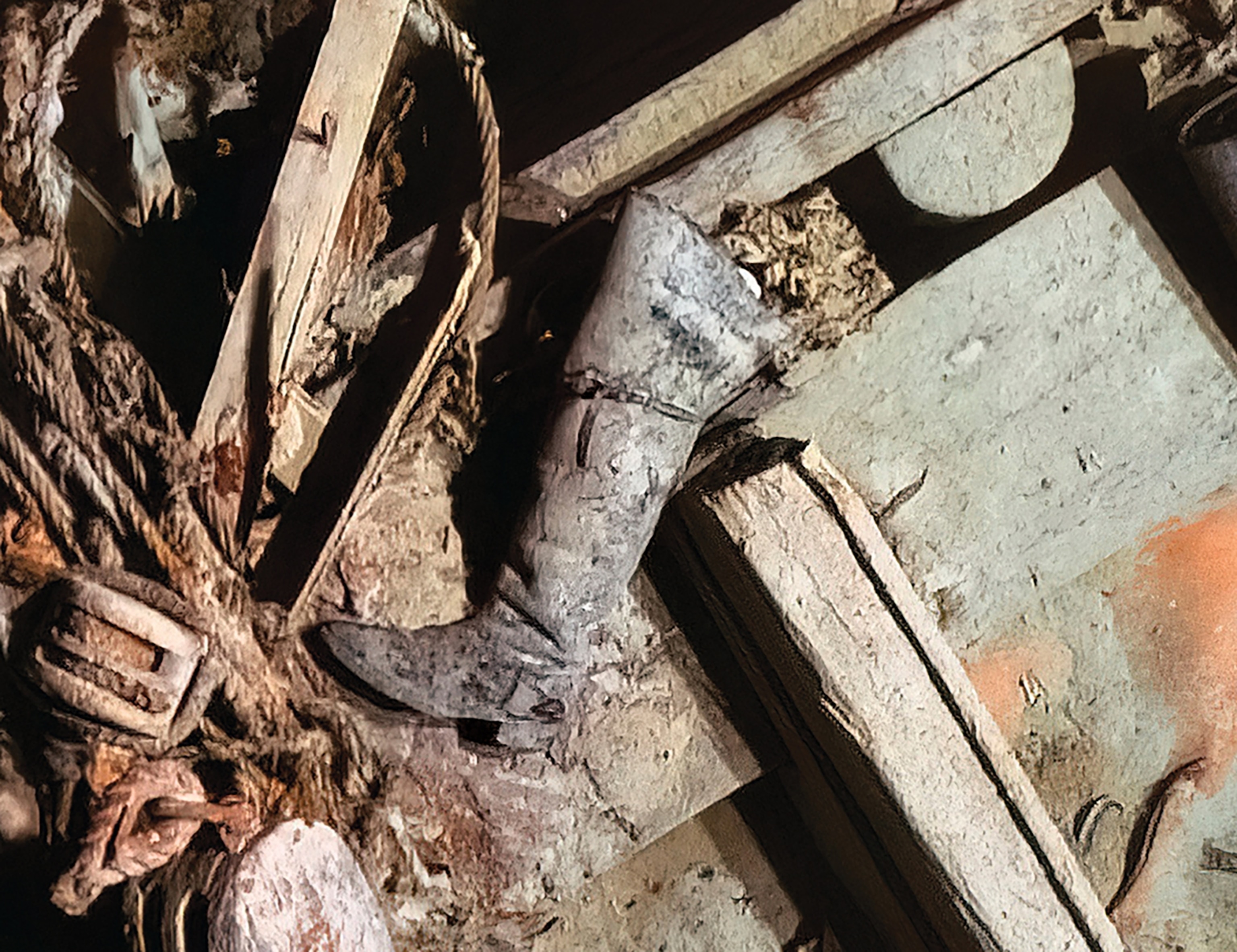 A high-resolution digital photograph shows a seaman’s leather boot next to a pile of rigging and wooden pulleys.