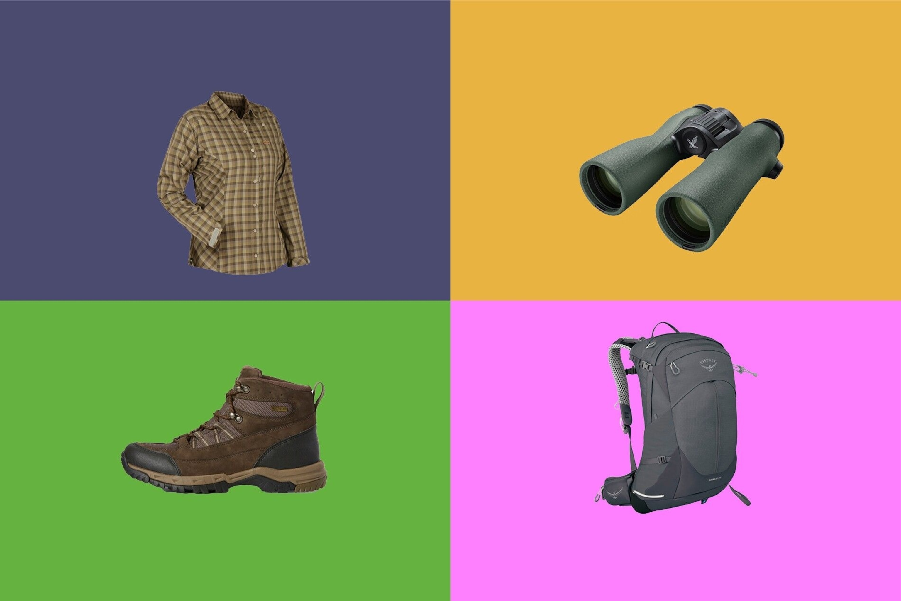 Clockwise from top left: Páramo Socorro Women’s Shirt, Swarovski Optik NL Pure 8X32 Binoculars, Ariat Skyline Summit Waterproof Boot and Osprey Sirrus 24 Hiking Backpack.