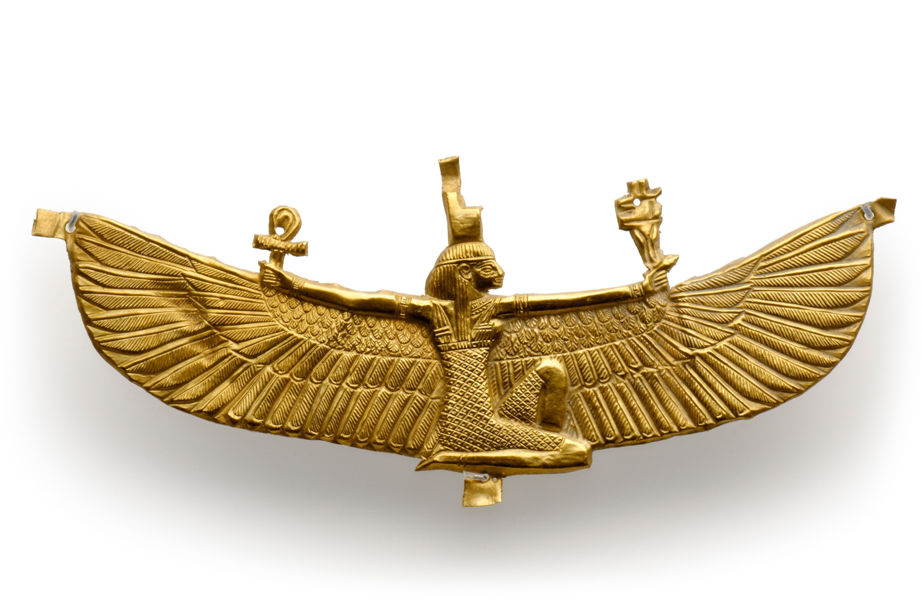 Picture of golden figure of woman with wide-spread wings.