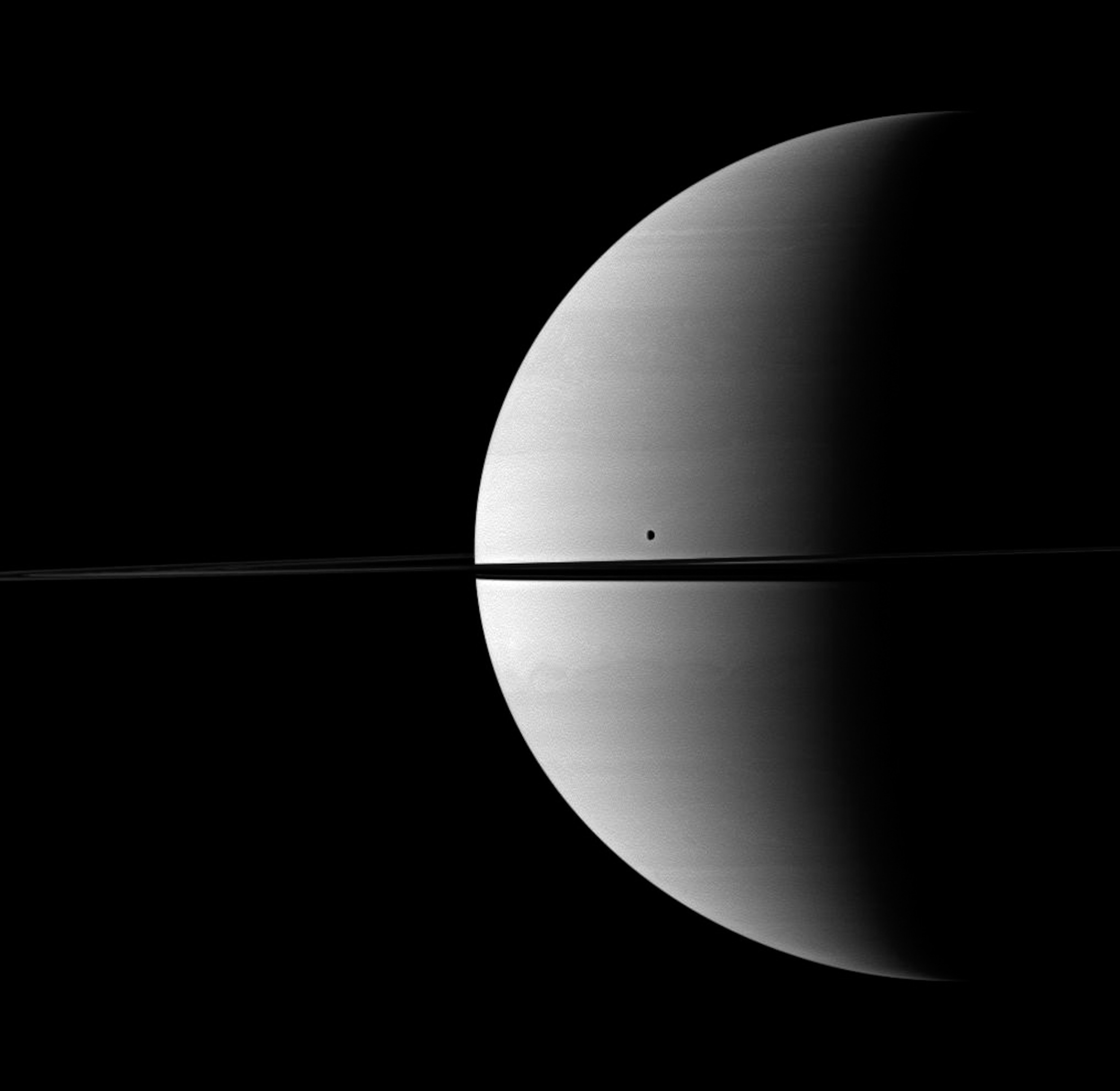 The enormous body of Saturn dwarfs a tiny moon in the foreground, seen above Saturn's rings which slice horizontally across the frame.