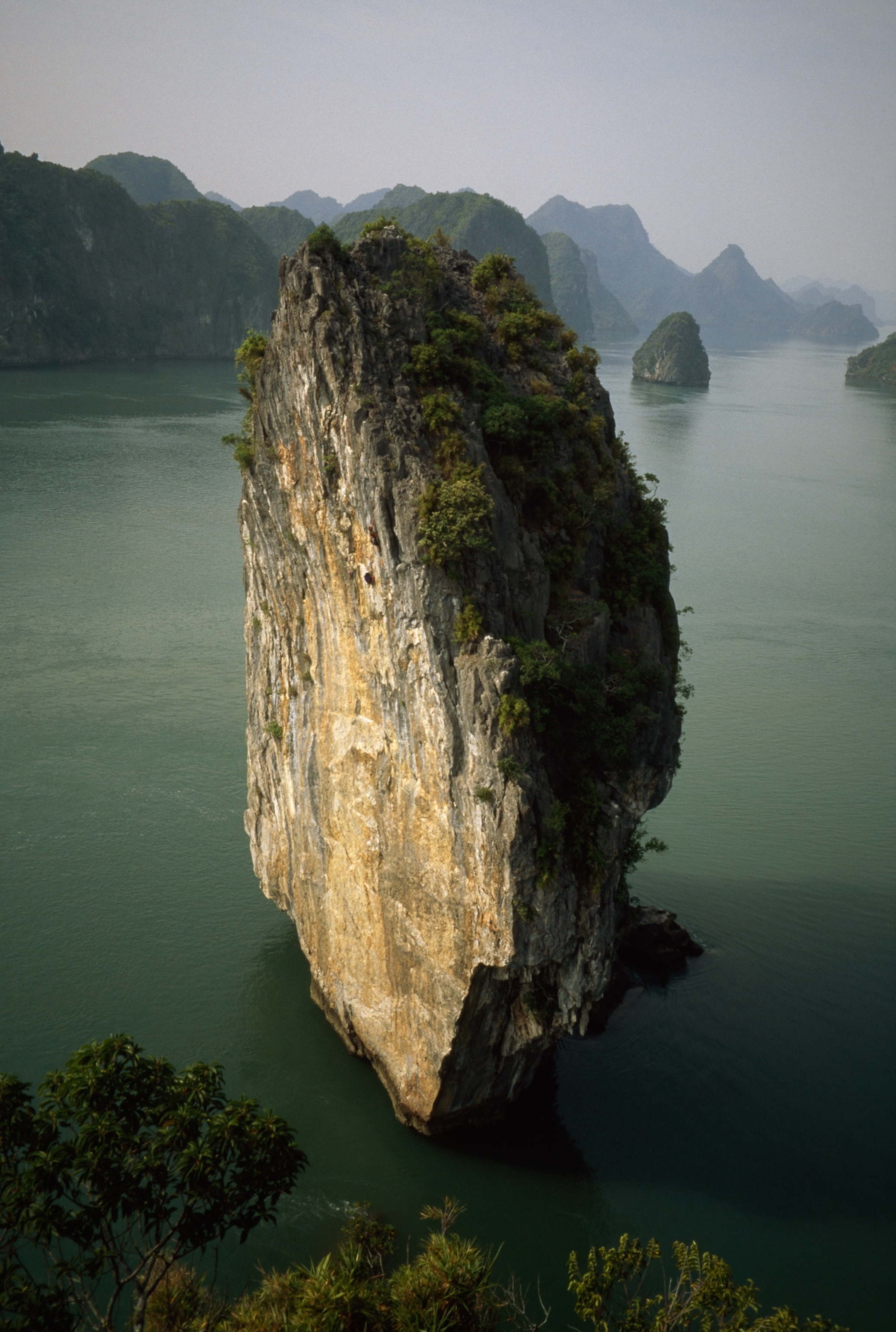 A tower of limestone, topped with green foliage, stands surrounded by the waters of Halong Bay.