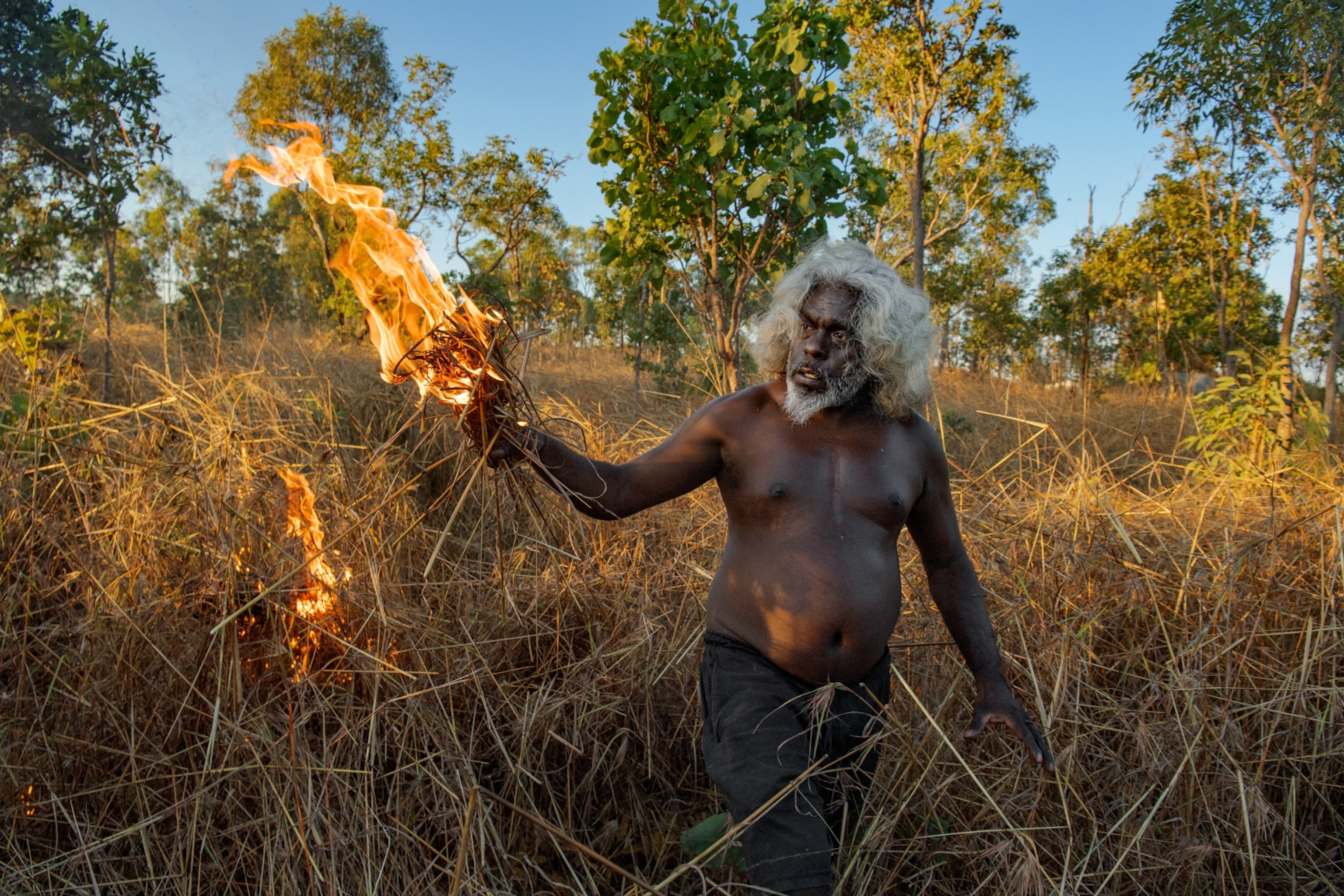 Picture of man with grey hair starting fire with torch made of dry grass.