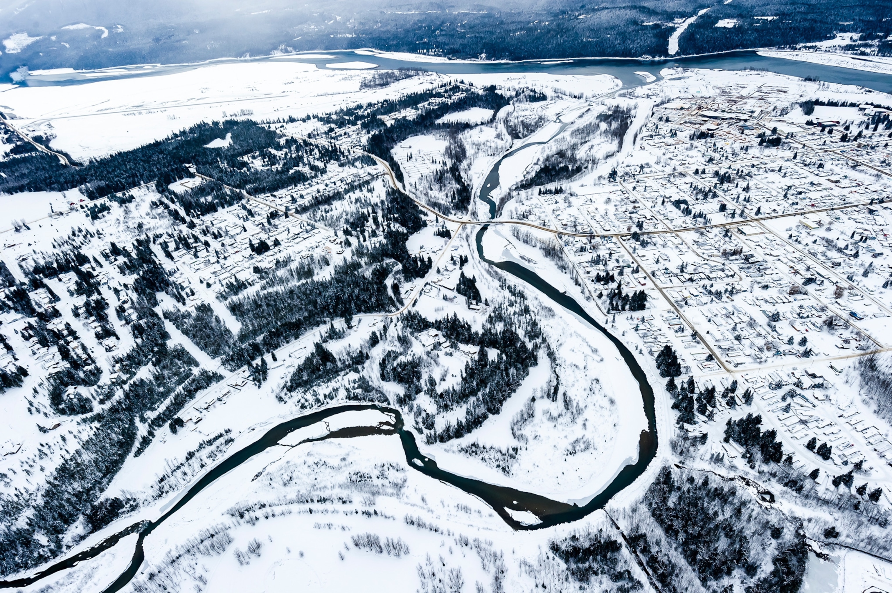 The snowy town of Revelstoke, B.C. seen from above.