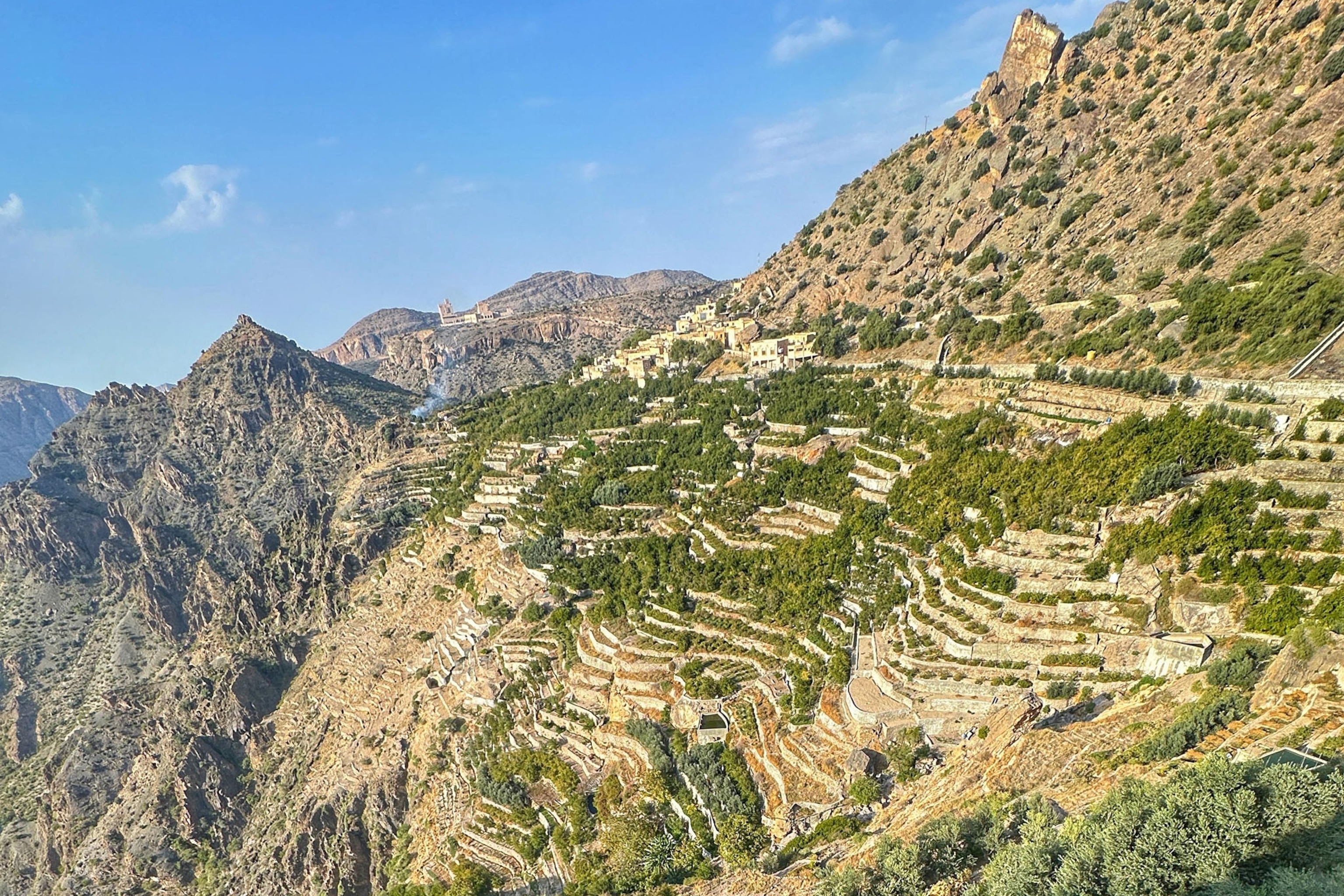 Green terraces jut out of the mountainside