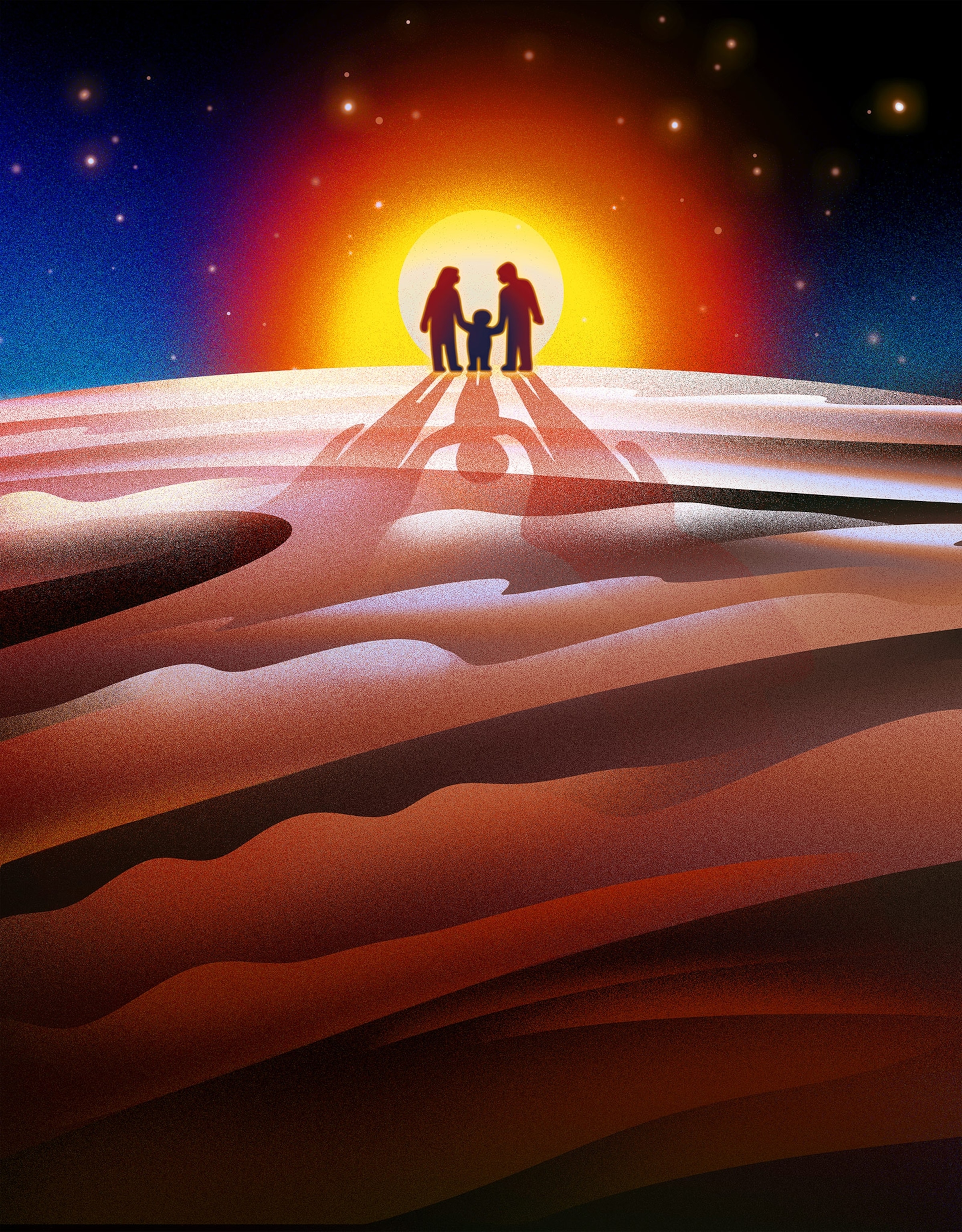 Illustration of a family, tiny, standing on the edge of a large Earth swirling with climate disasters. The sun is setting behind the family, surrounded by a dark blue sky filled with stars.