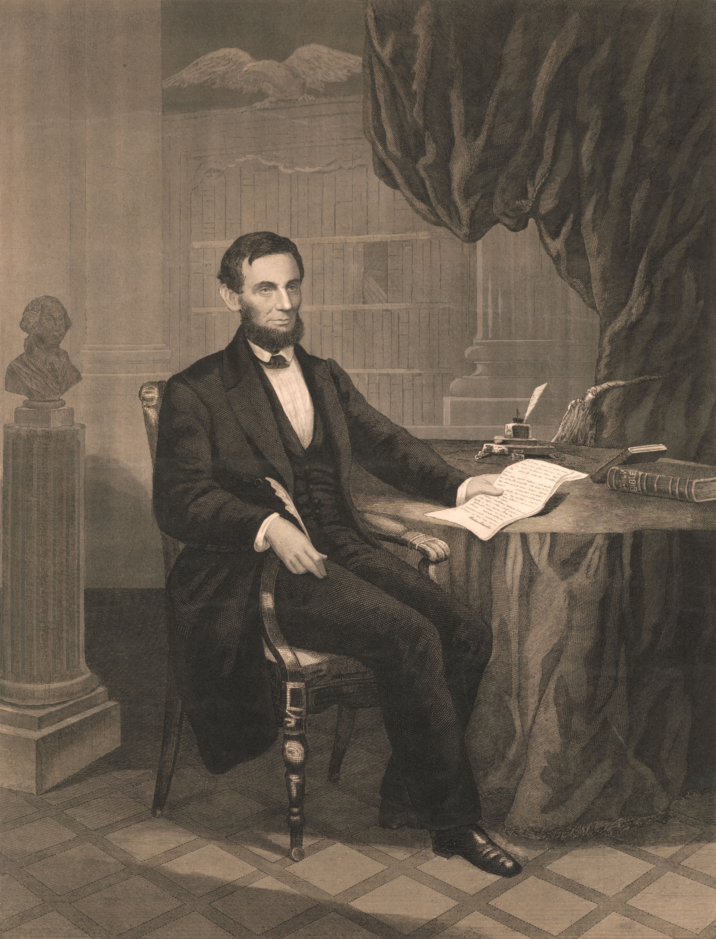 A painting of Abraham Lincoln holding a paper and a quill
