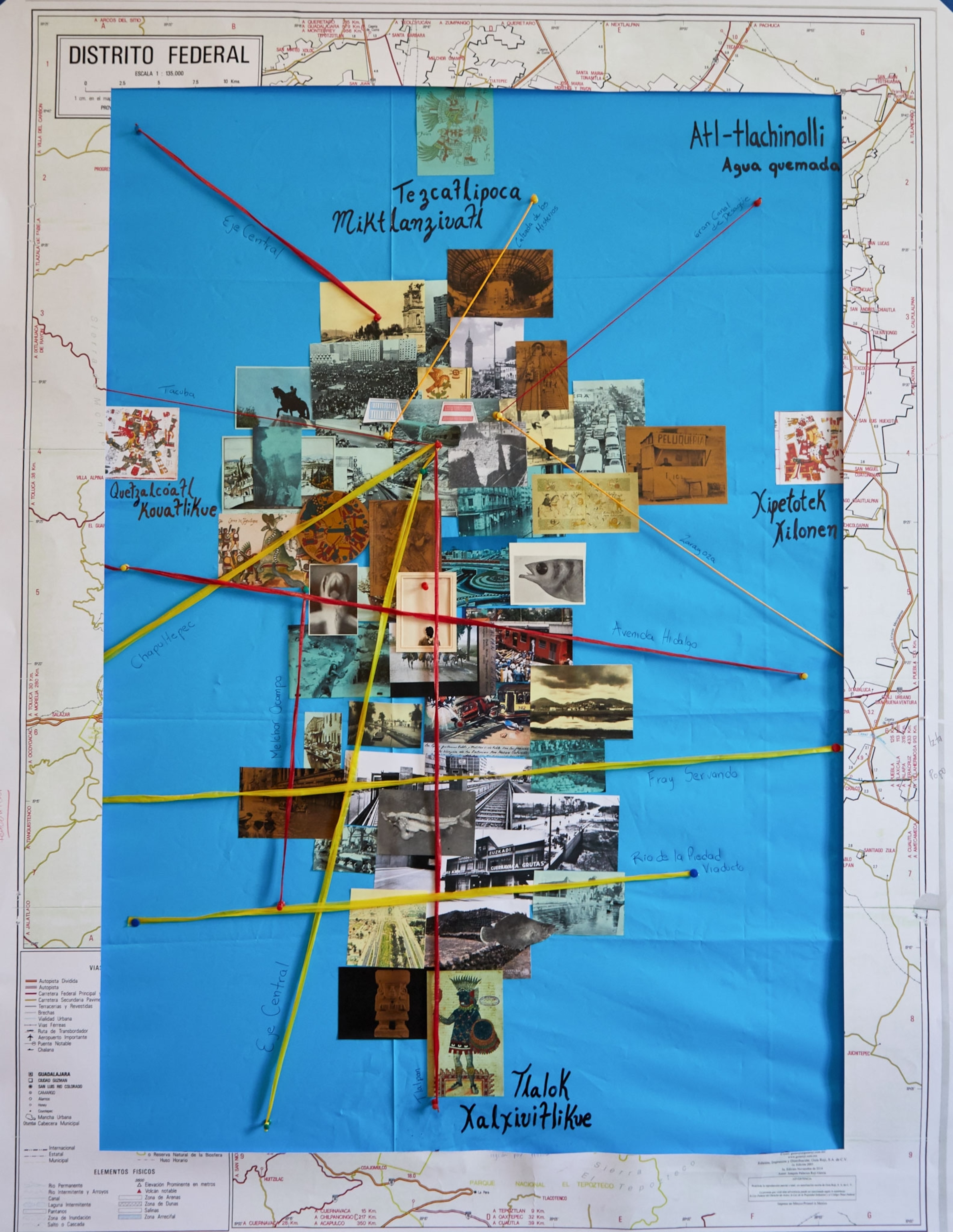 a collage and map of Techochtitlan made with images showing various points of history in Mexico City