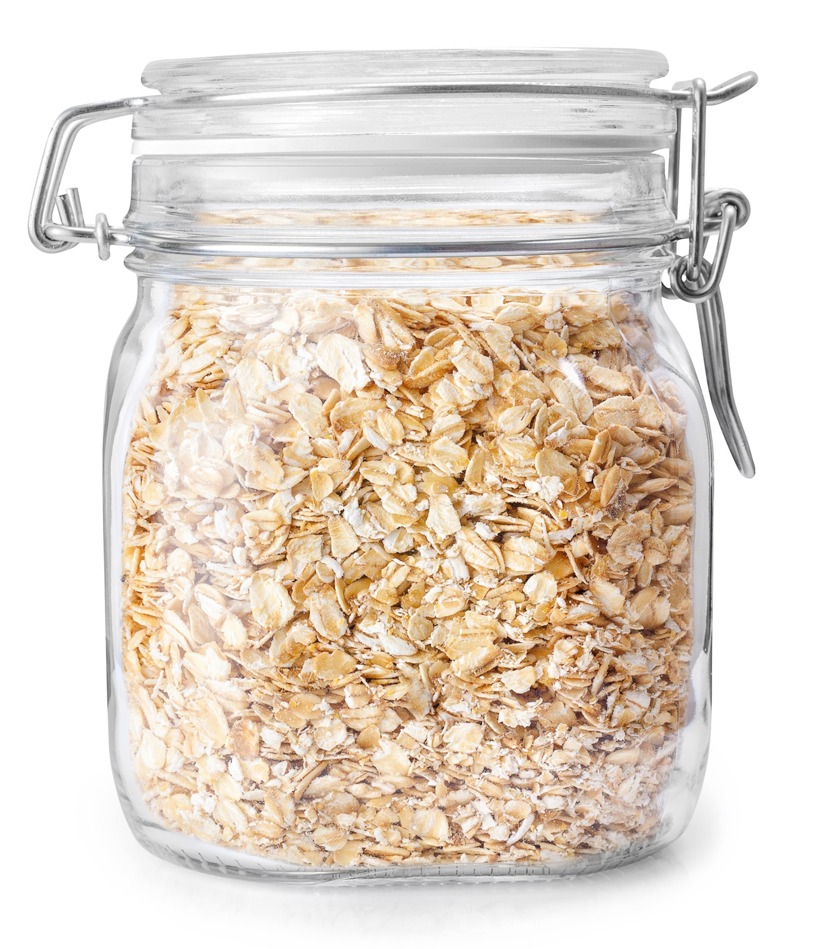 Oatmeal in glass jar with a glass seal and metal locks isolated on white