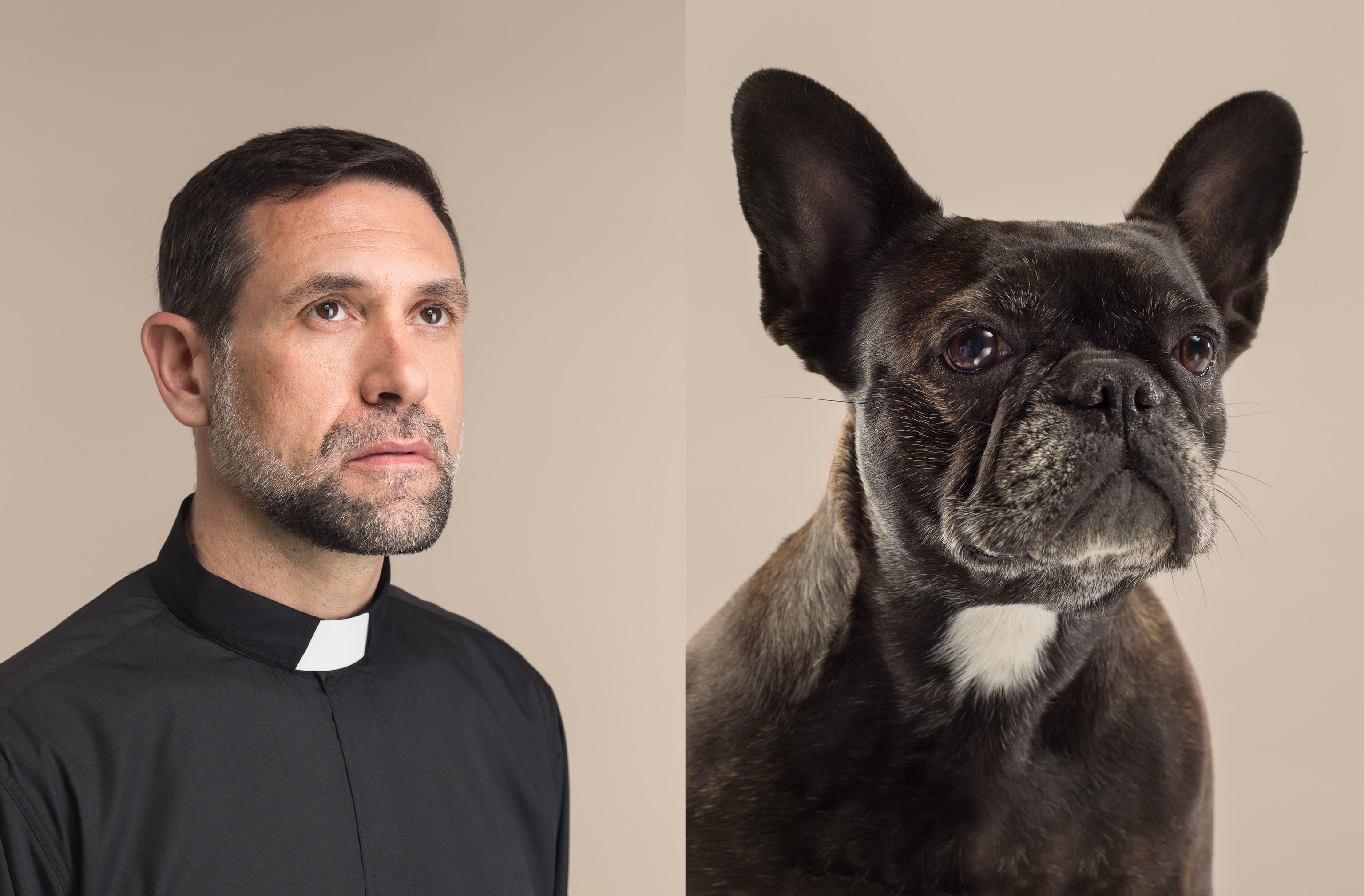 At left, a head-and-shoulders portrait against a beige backdrop of a white man with short brown hair wearing a priest's vestment. At right, a similar portrait against the same backdrop of a black French Bulldog with a white spot on his neck.