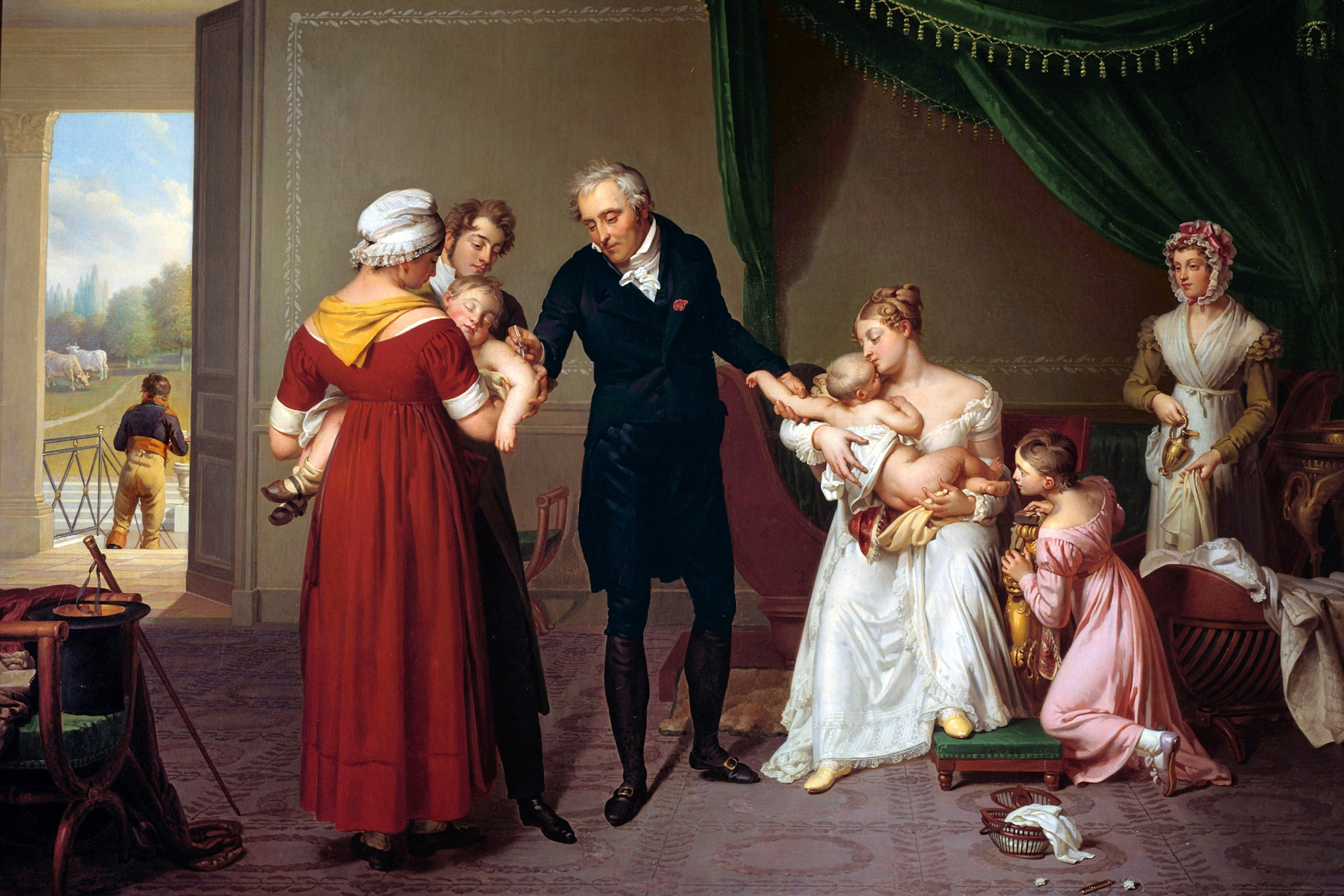 an 1820 oil painting of a doctor vaccinating a child