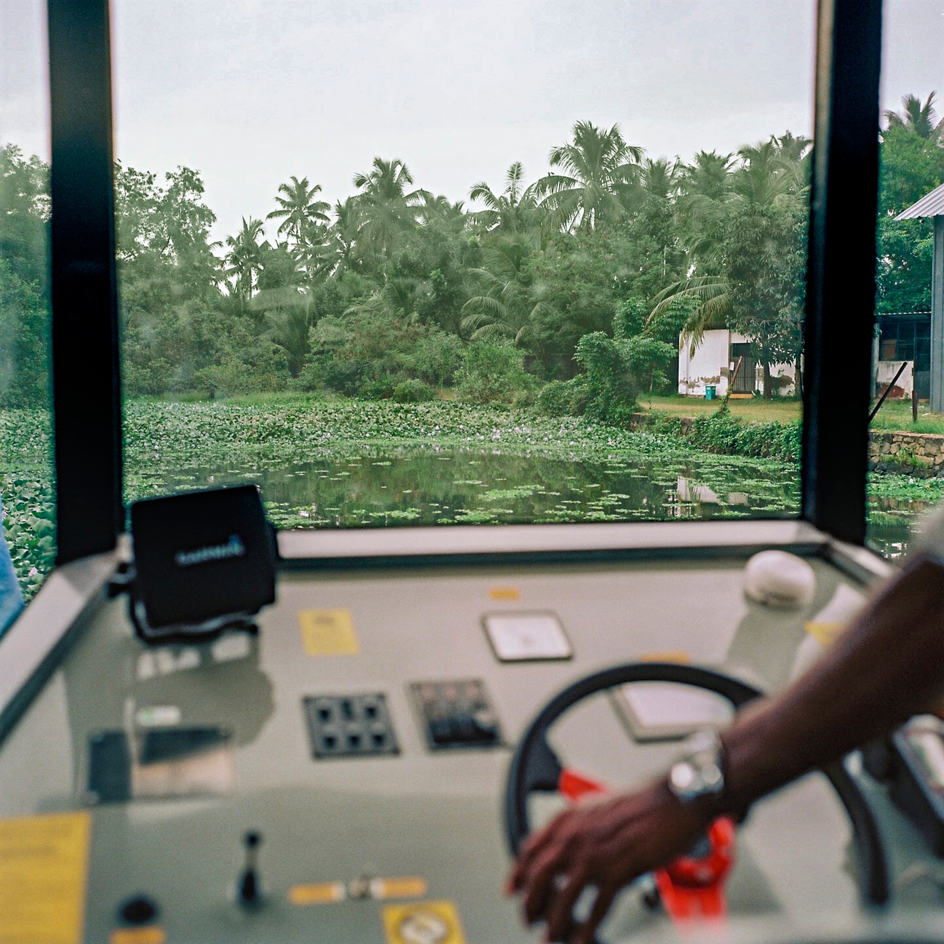 View from behind the wheel of a boat on the lake