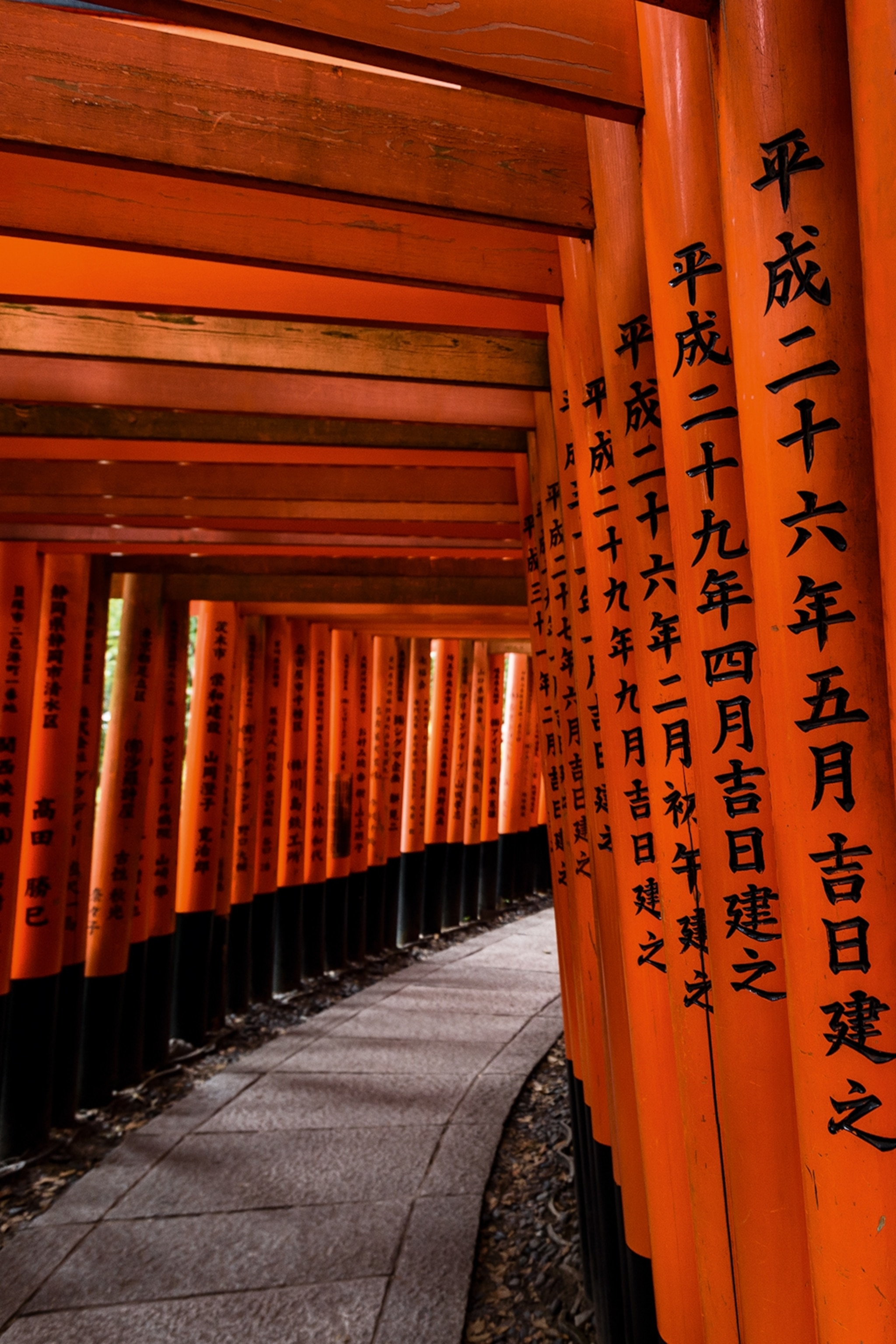 A walkway of red arches, part of the Fushimi Inari Taisha, a Shinto shrine in Kyoto.