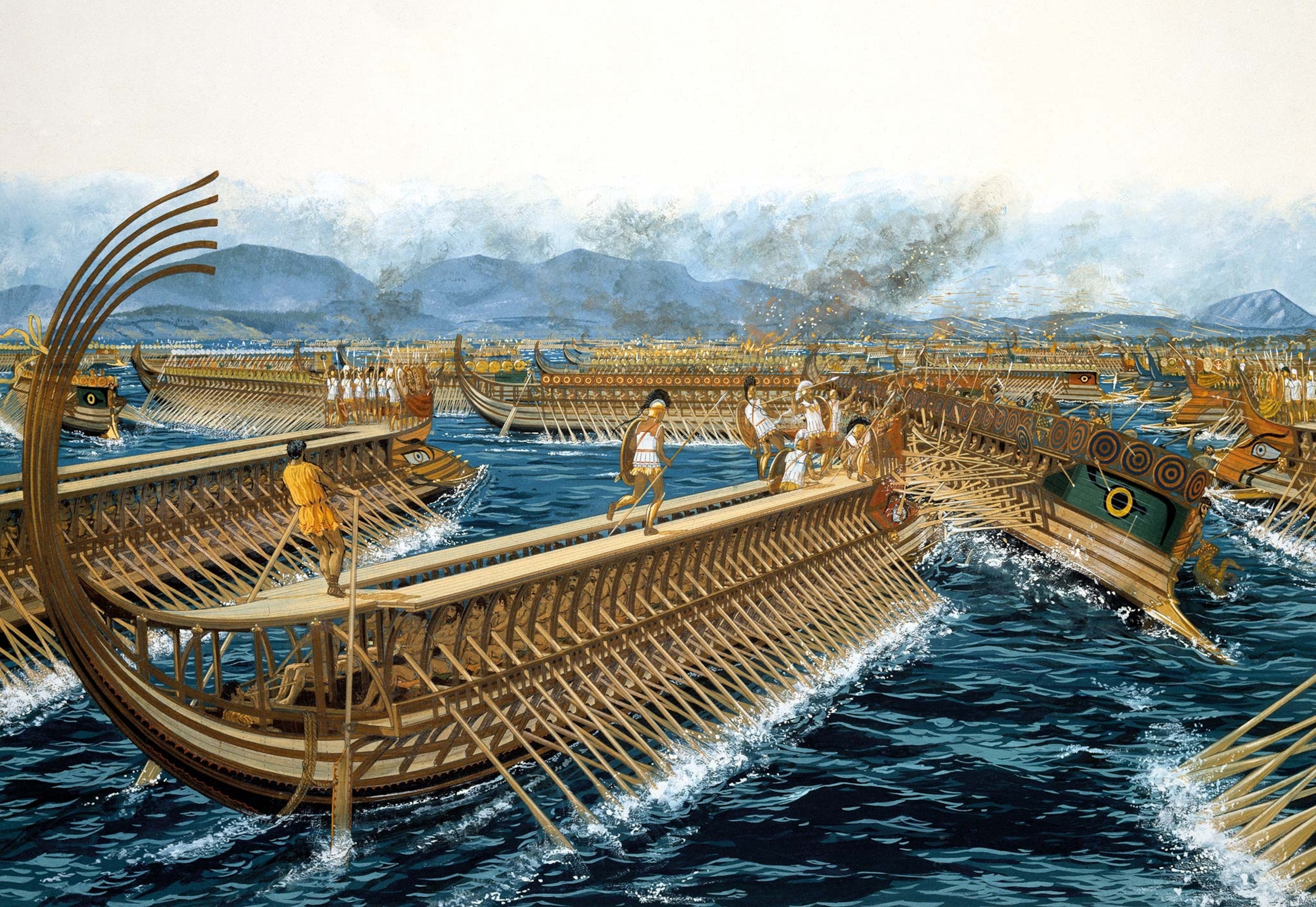 An illustration of: The island of Salamis and the promontory of Cynosura form the background against which hundreds of crowded ships fight in the famous Battle of Salamis during the second Persian invasion of Greece (480 B.C.). A Greek trireme completes the maneuver to ram a Persian ship on the right, or starboard, side, destroying many of the oars in the collision. The Persians use their arrows and javelins in a last-ditch attempt to save their stricken vessel.