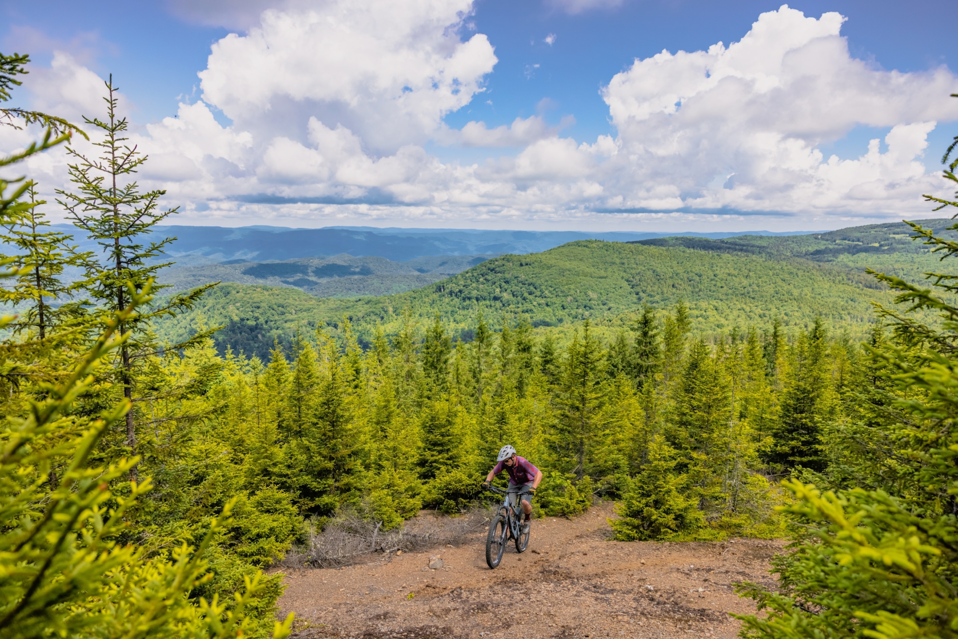 A single mountain biker pedals past an overlook with views of a peaks and valleys covered in trees
