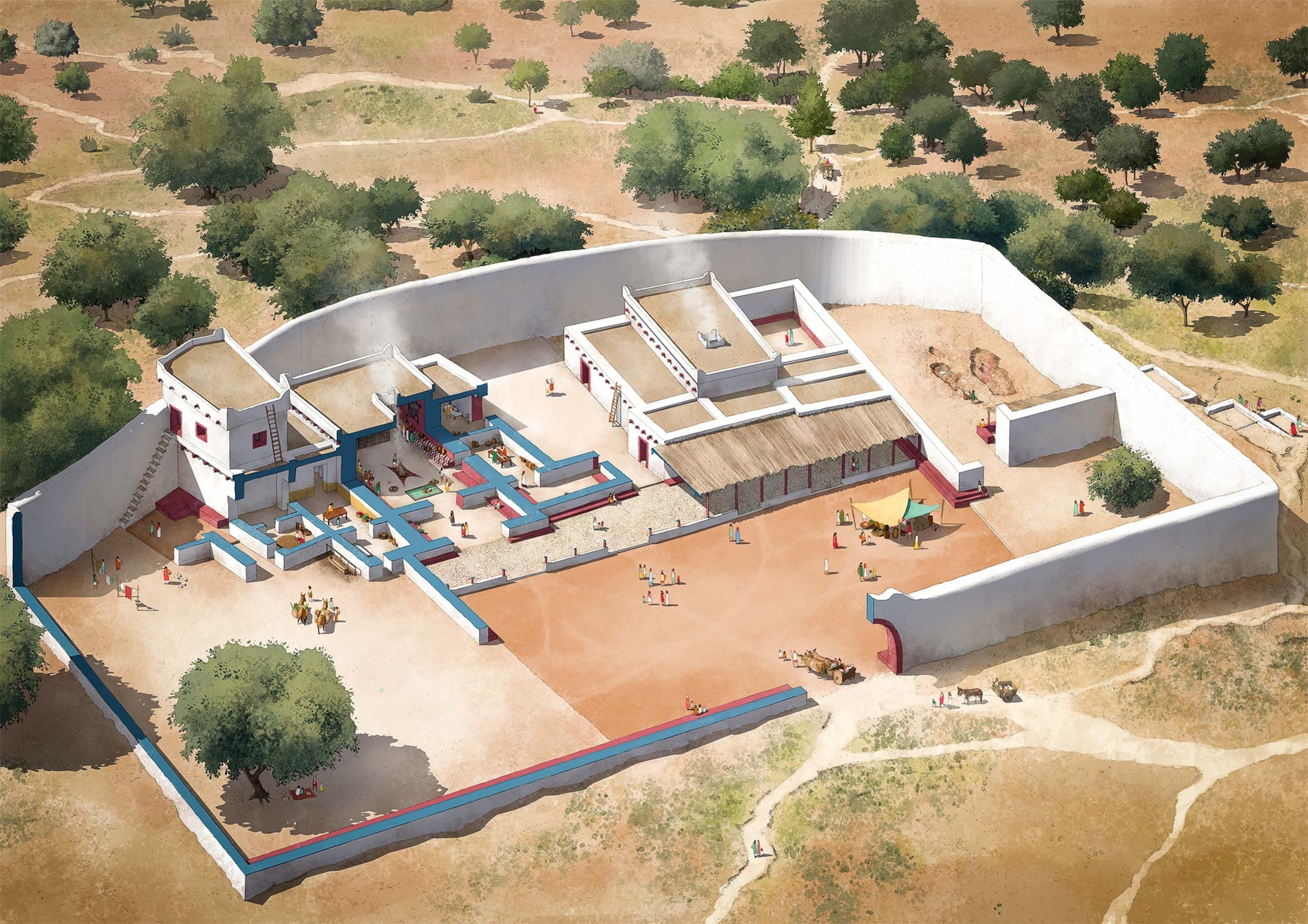 An aerial view illustration of the sanctuary at El Carambolo