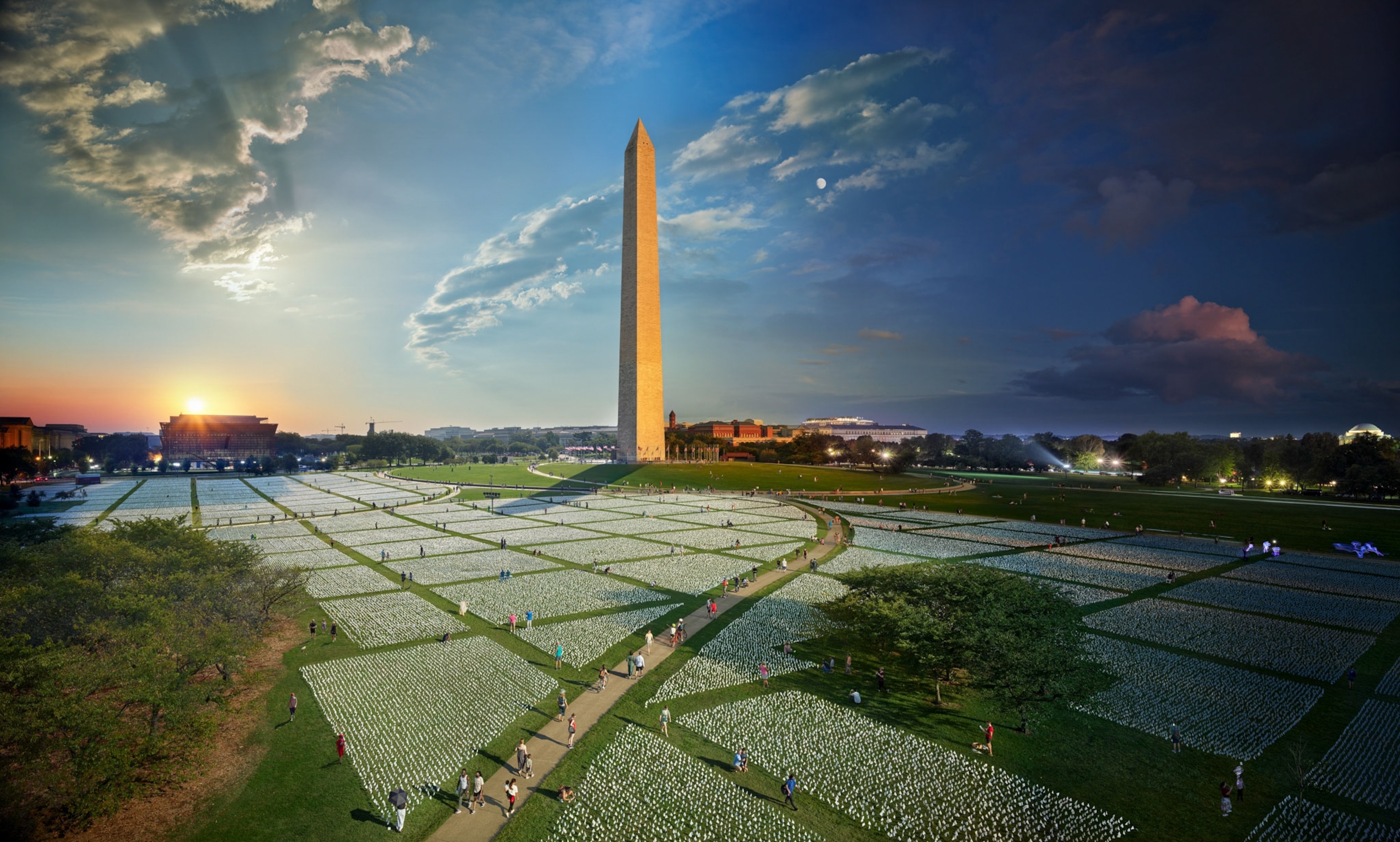hundreds of thousands of white flags adorn the National Mall to represent the American lives lost to Covid-19