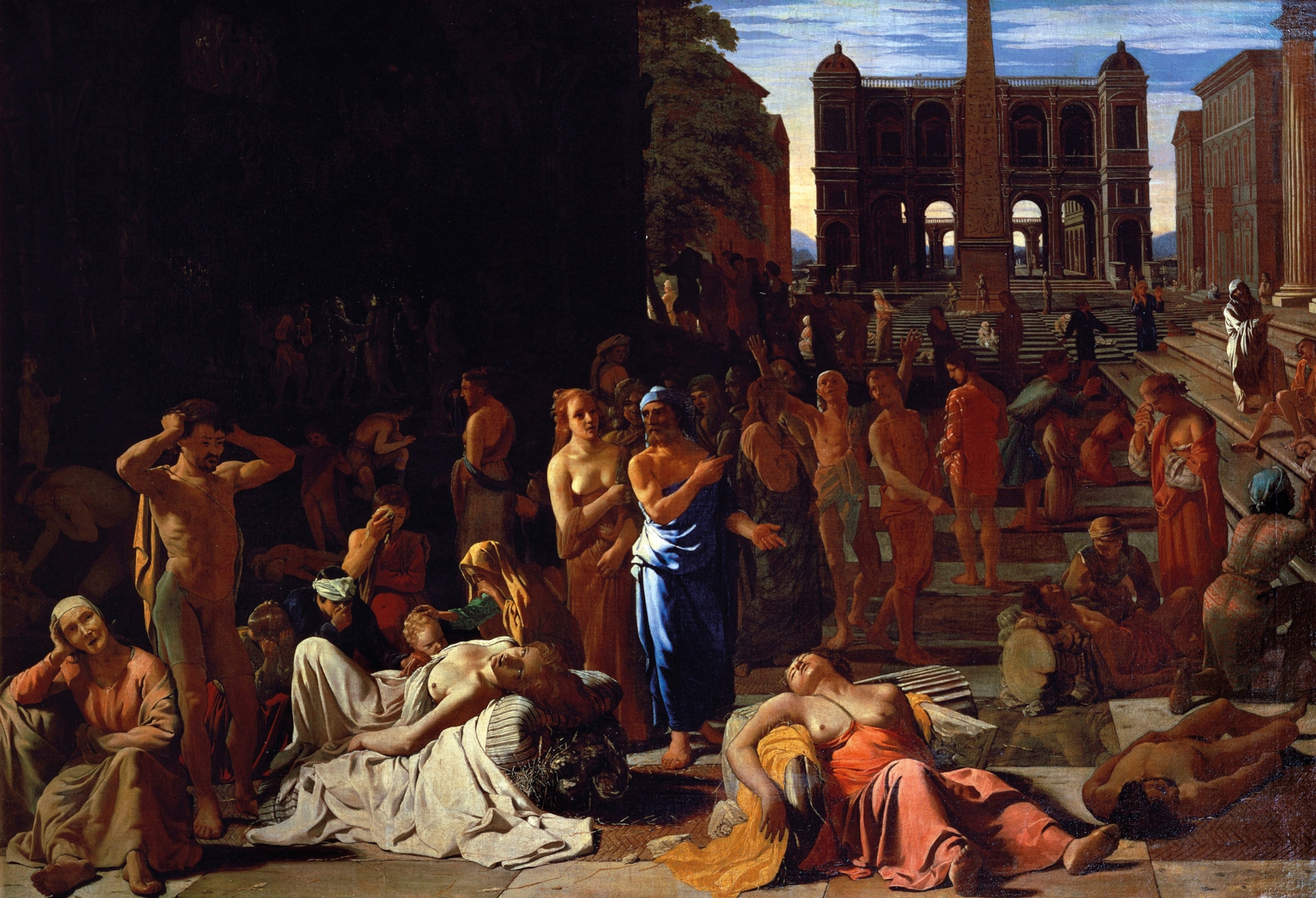 A painting of mourners surrounding two women laying on the ground