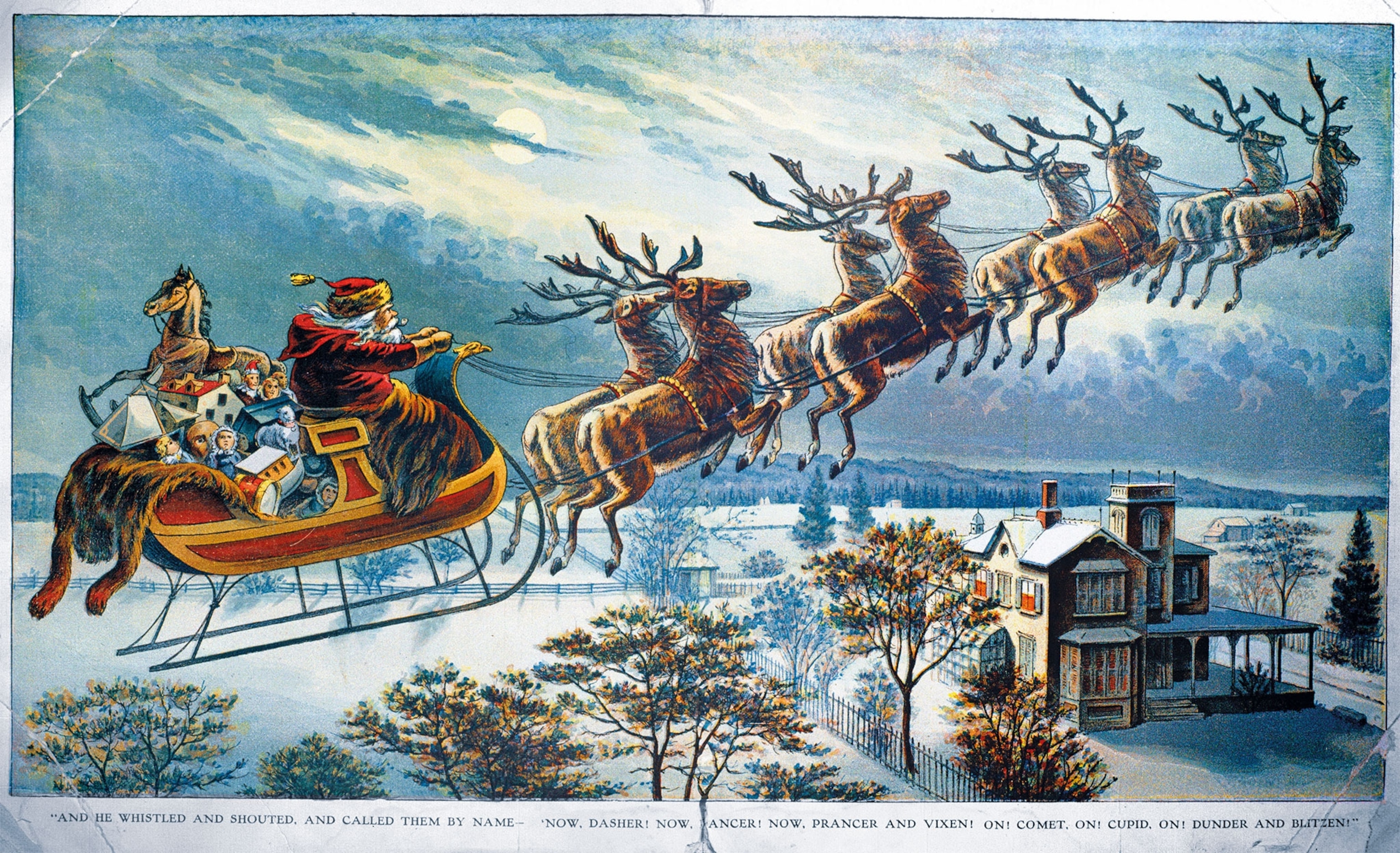 An illustration of Santa flying in his sleigh pulled by reindeer