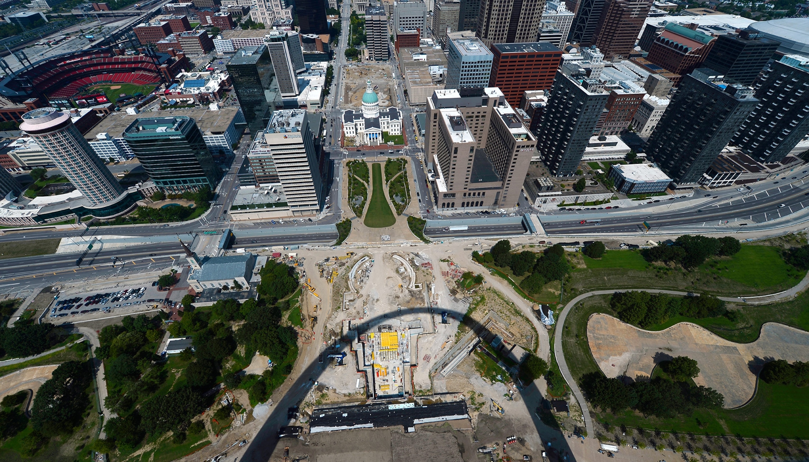 a view of downtown St. Louis from inside the Gateway Arch Monument in St. Louis, Missouri