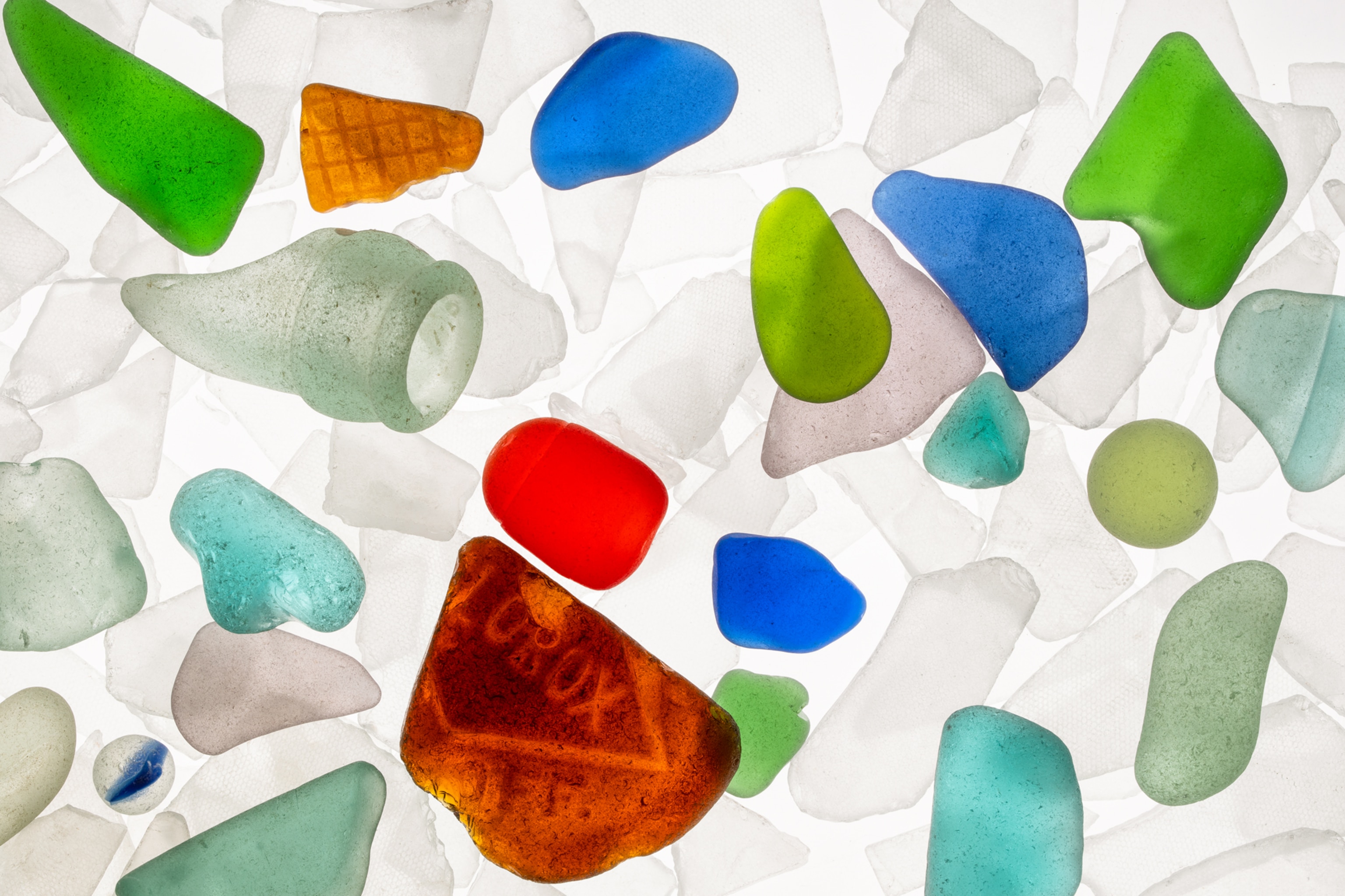 Picture of sea grass pieces in red, green, blue, brown and clear.