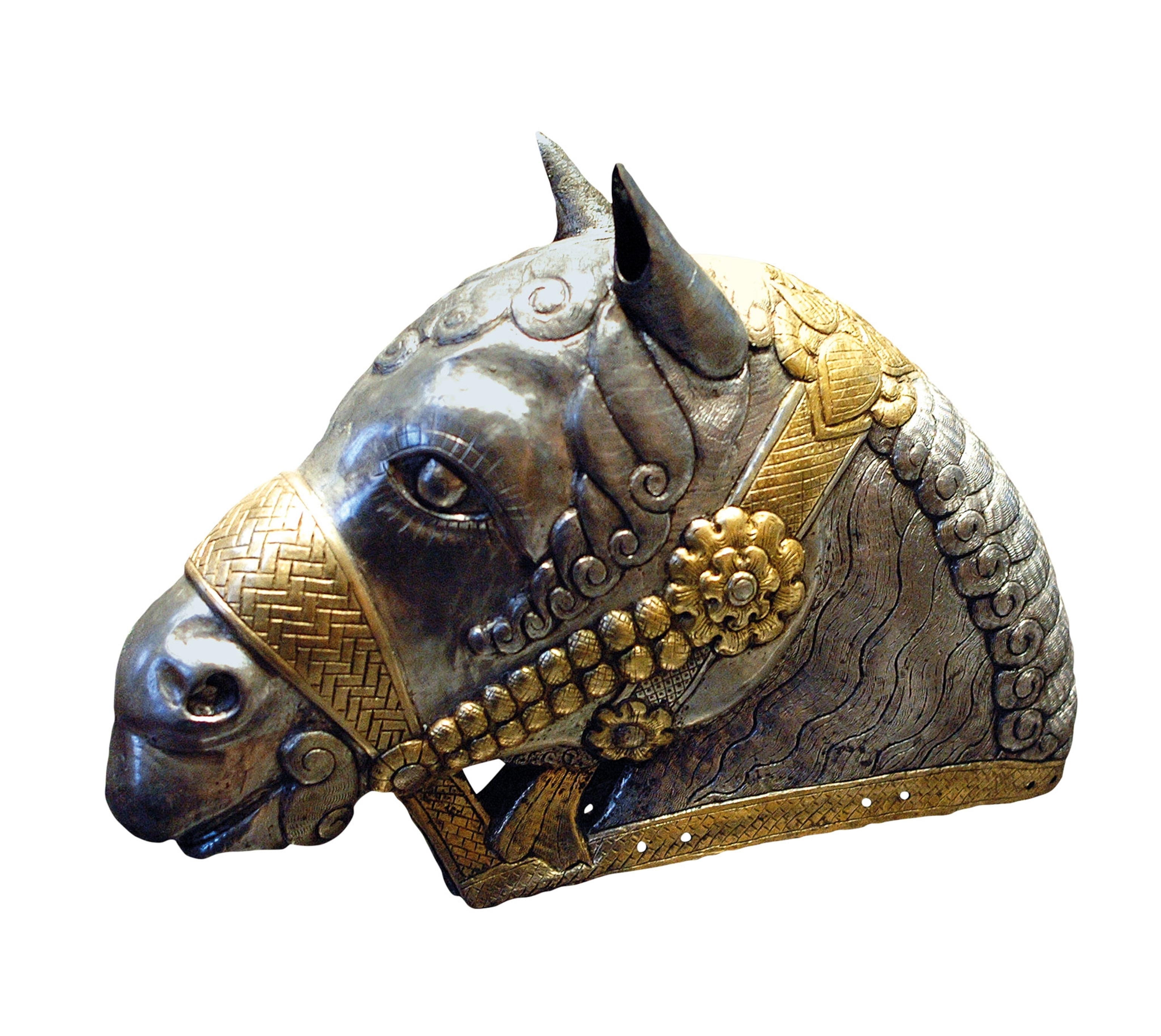 a silver horse head with a gold harness