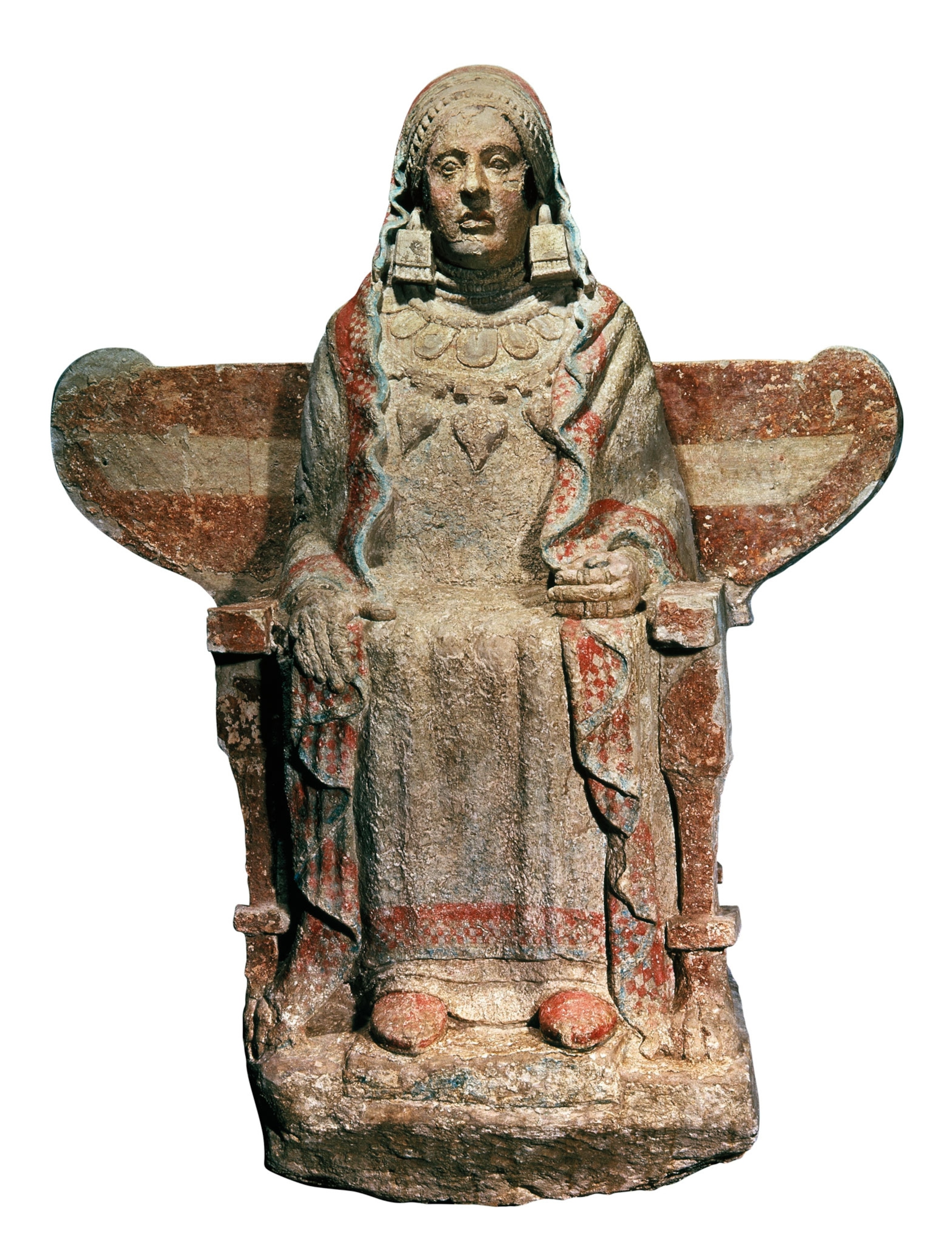 A statue of a woman seated on a chair