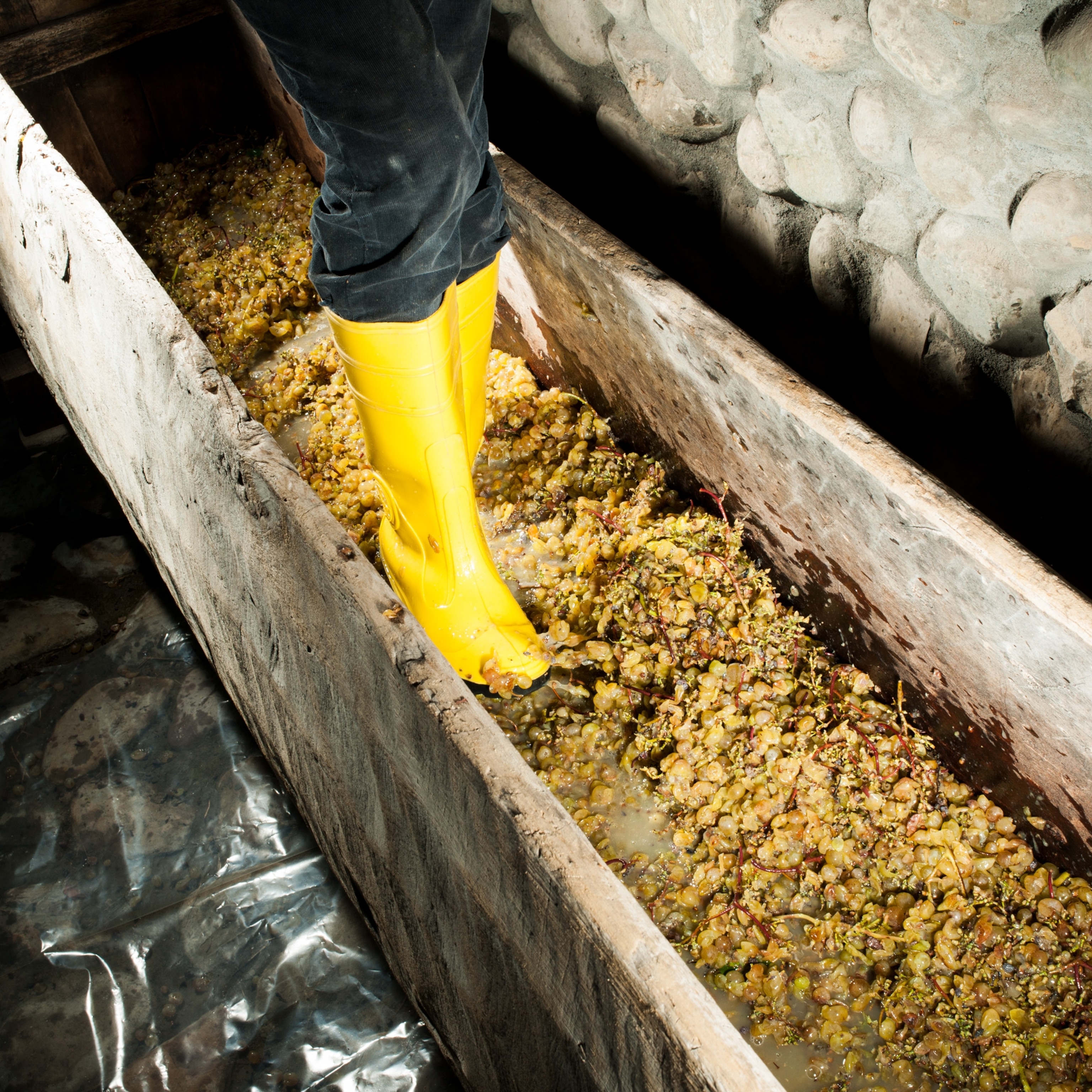 a person's feet in yellow boots squashing grapes