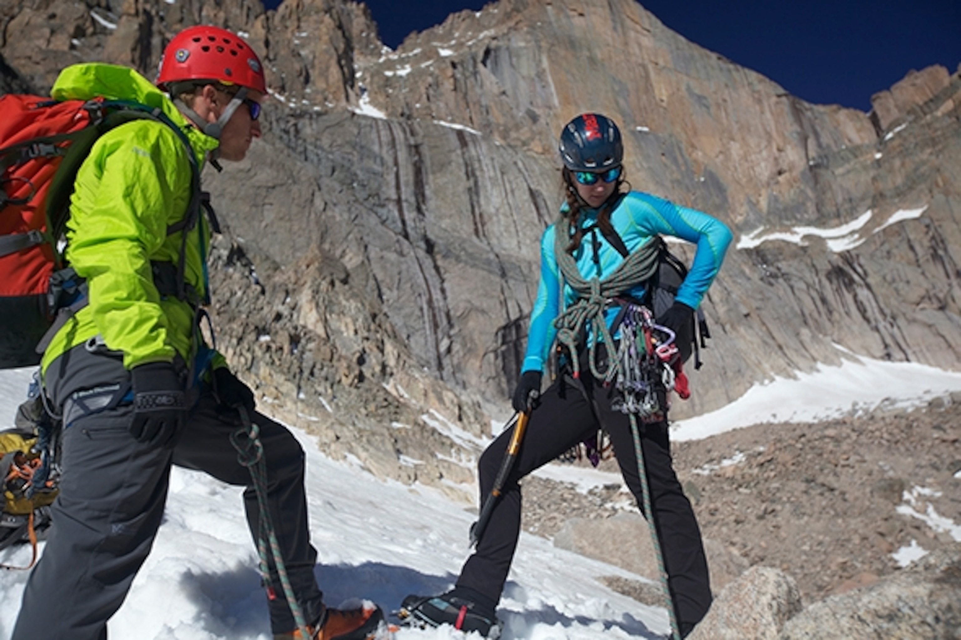 A Colorado Mountain School guide familiarizes a client with mountaineering equipment in the stunning Chasm Lake Cirque in Rocky Mountain National Park. (Photograph by Colorado Mountain School)