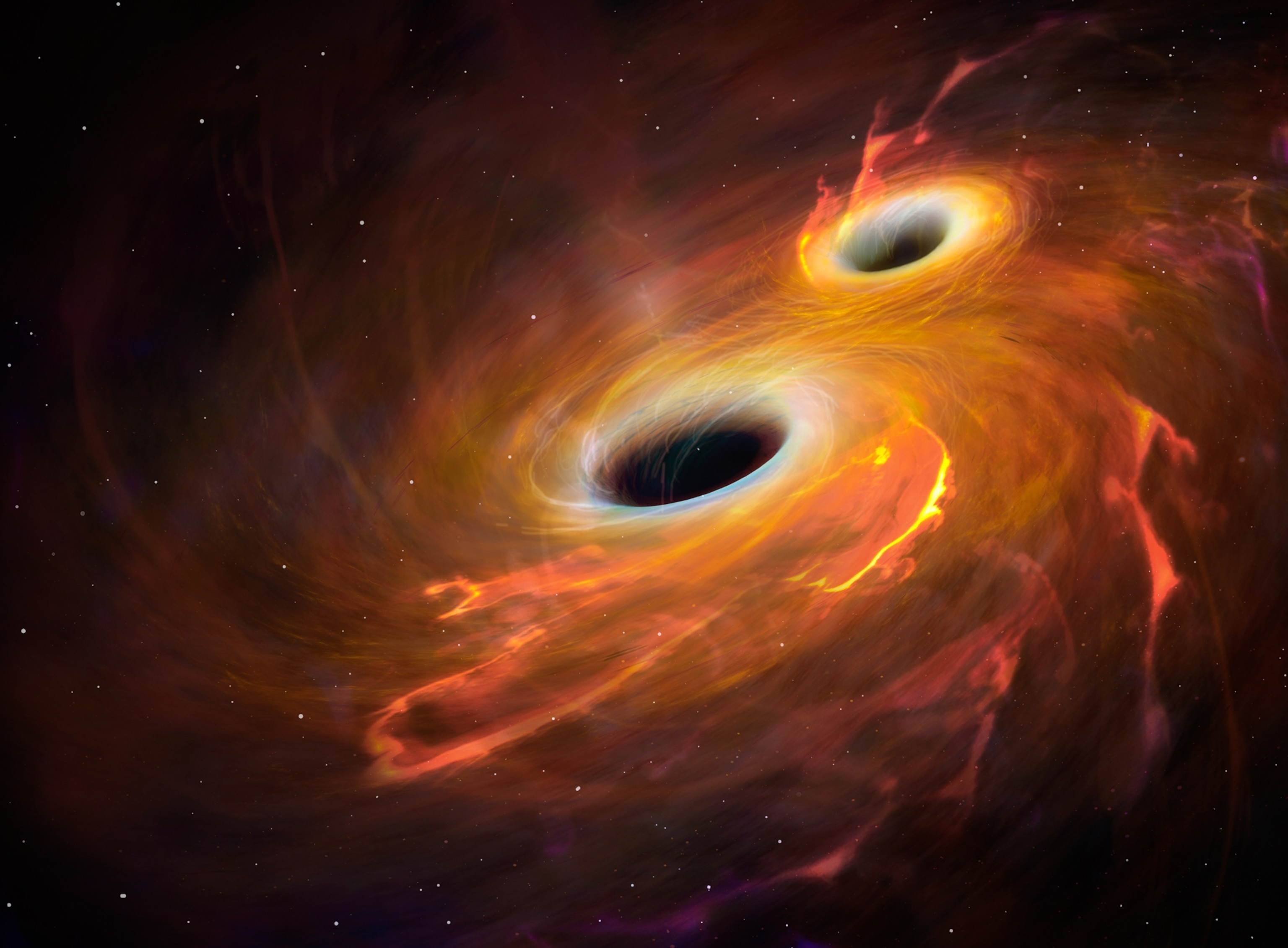 An illustration of 2 black holes, which appear as black vacuous space surrounded by swirling hues of orange and yellow, as the two systems begin to merge.