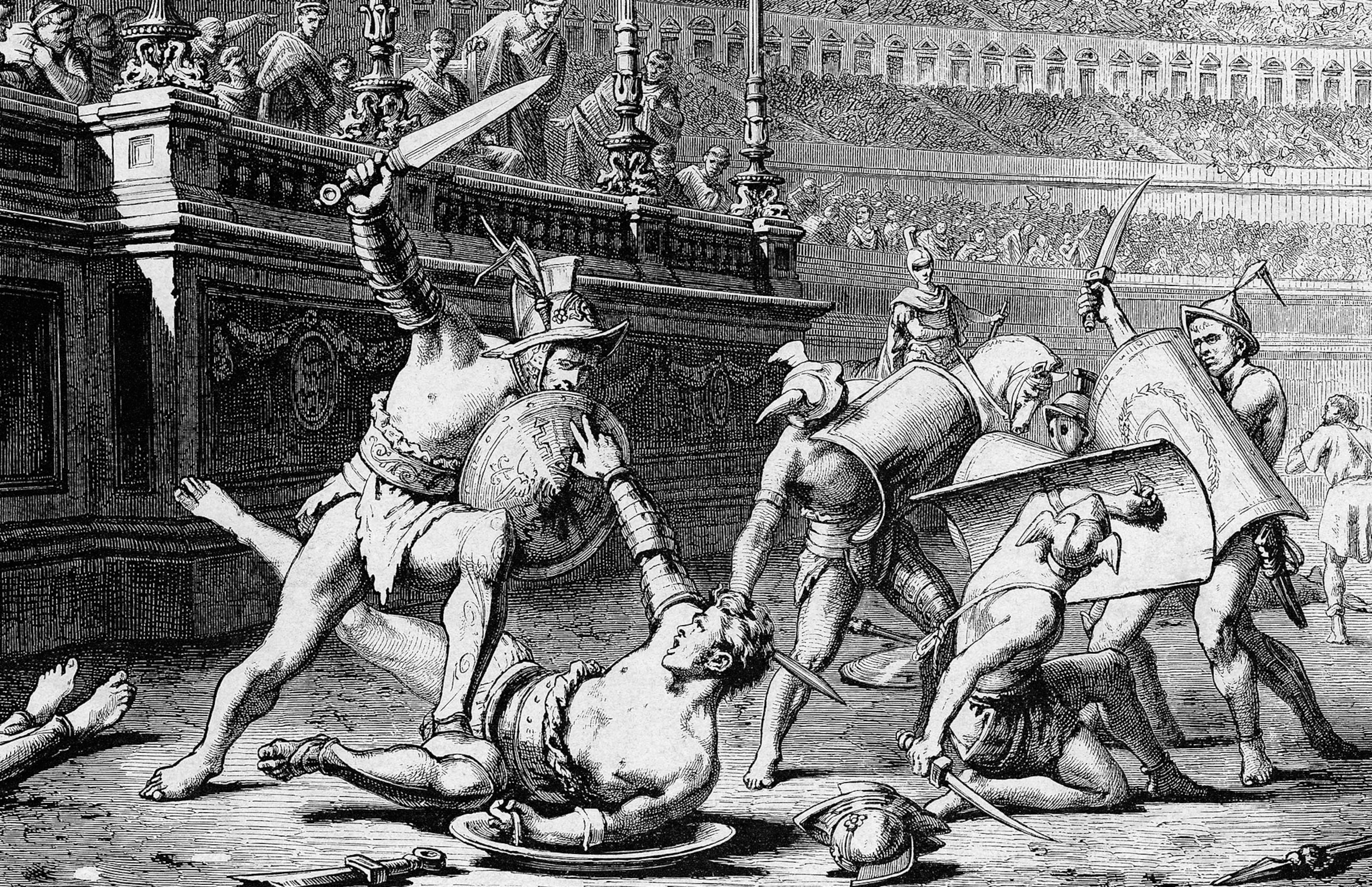 Etching showing Roman gladiators vanquishing their opponents.