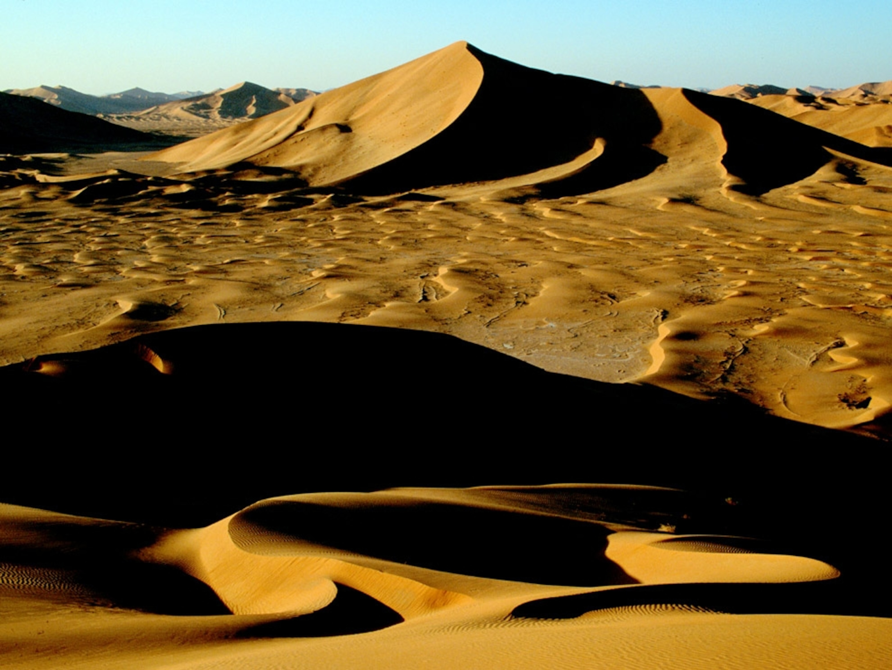 Late afternoon light creates shadows among the dunes and ripples of this desert region