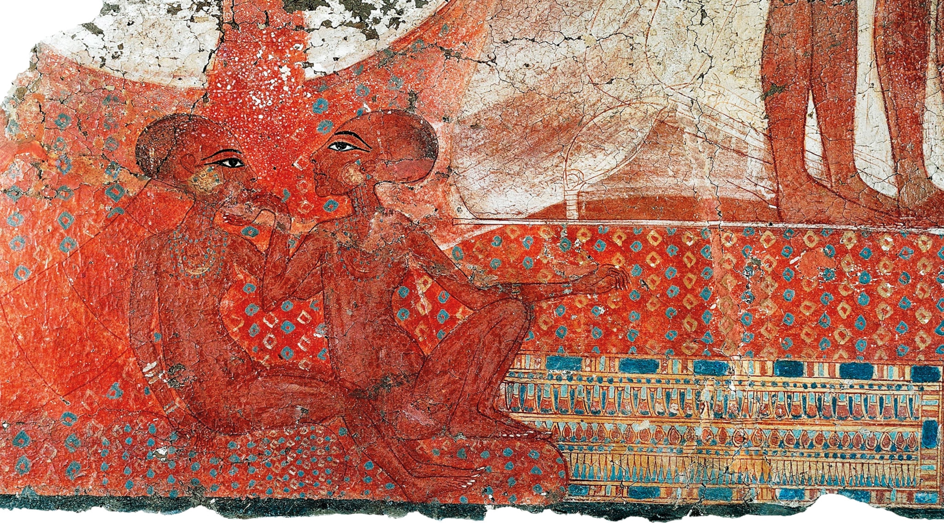 a red painting of two women with elongated heads sitting and talking