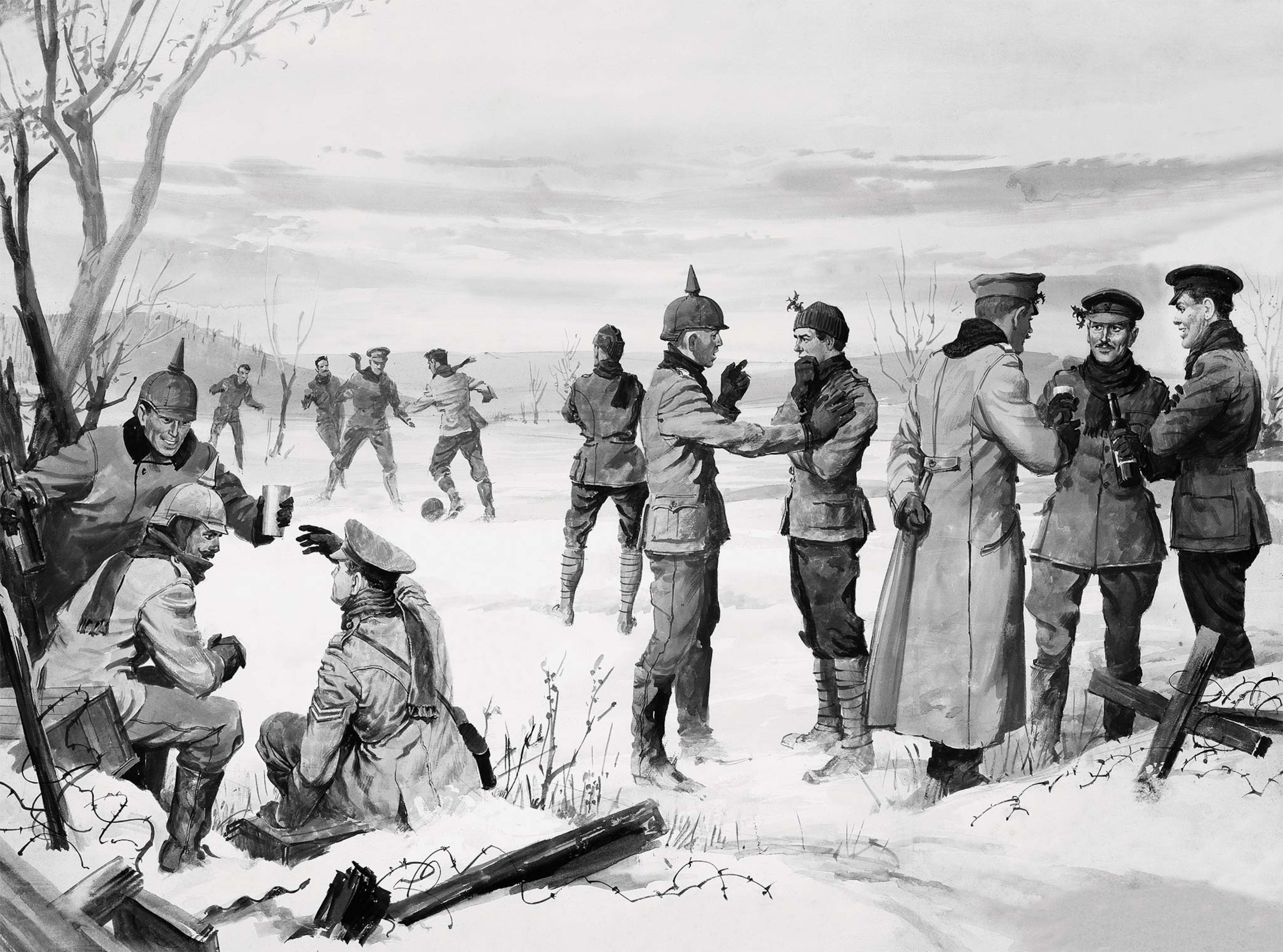 An illustration of a soccer game played by soldiers on Christmas Day 1914.