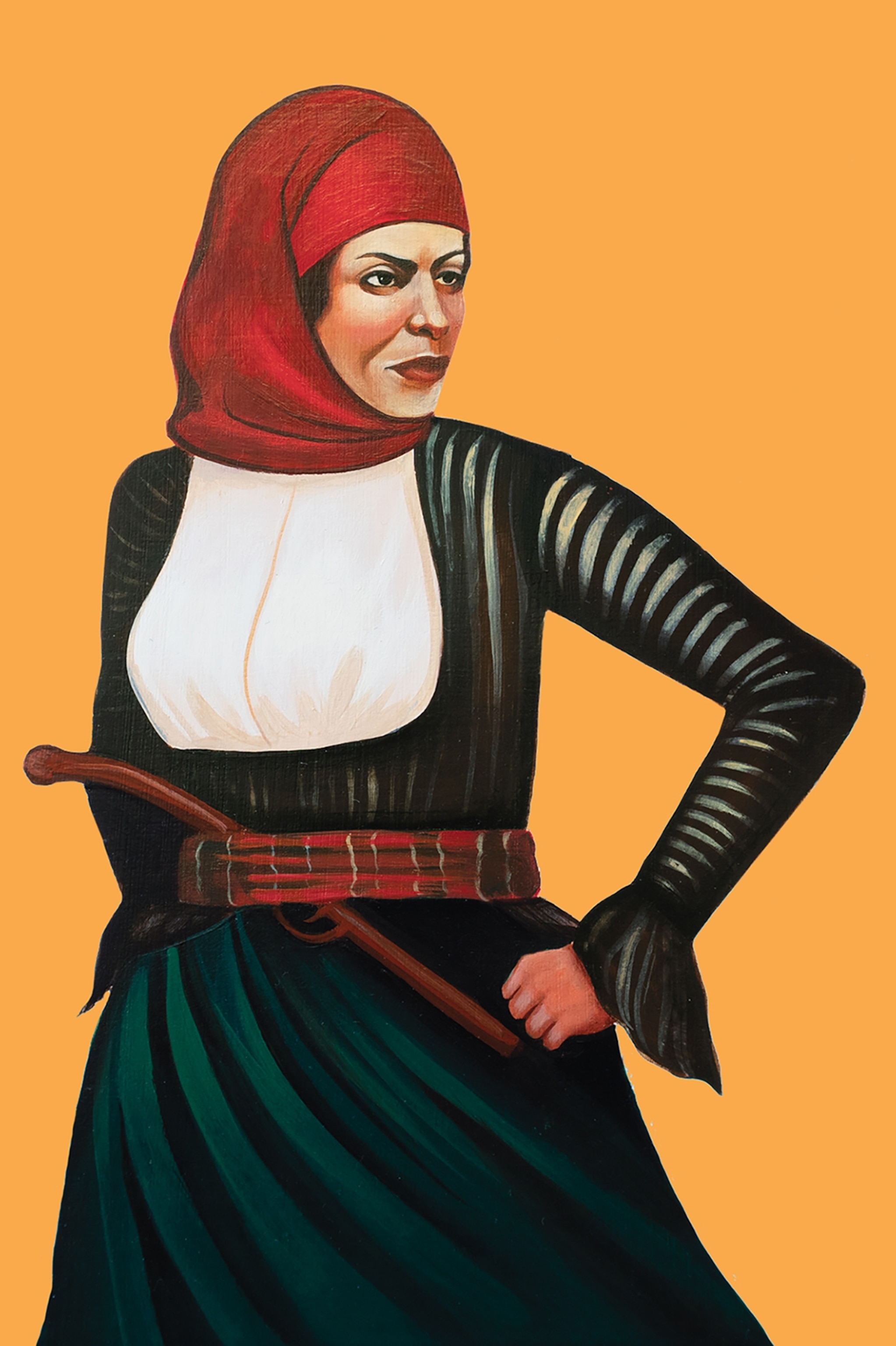 a woman with her hand on her hip, gazing left