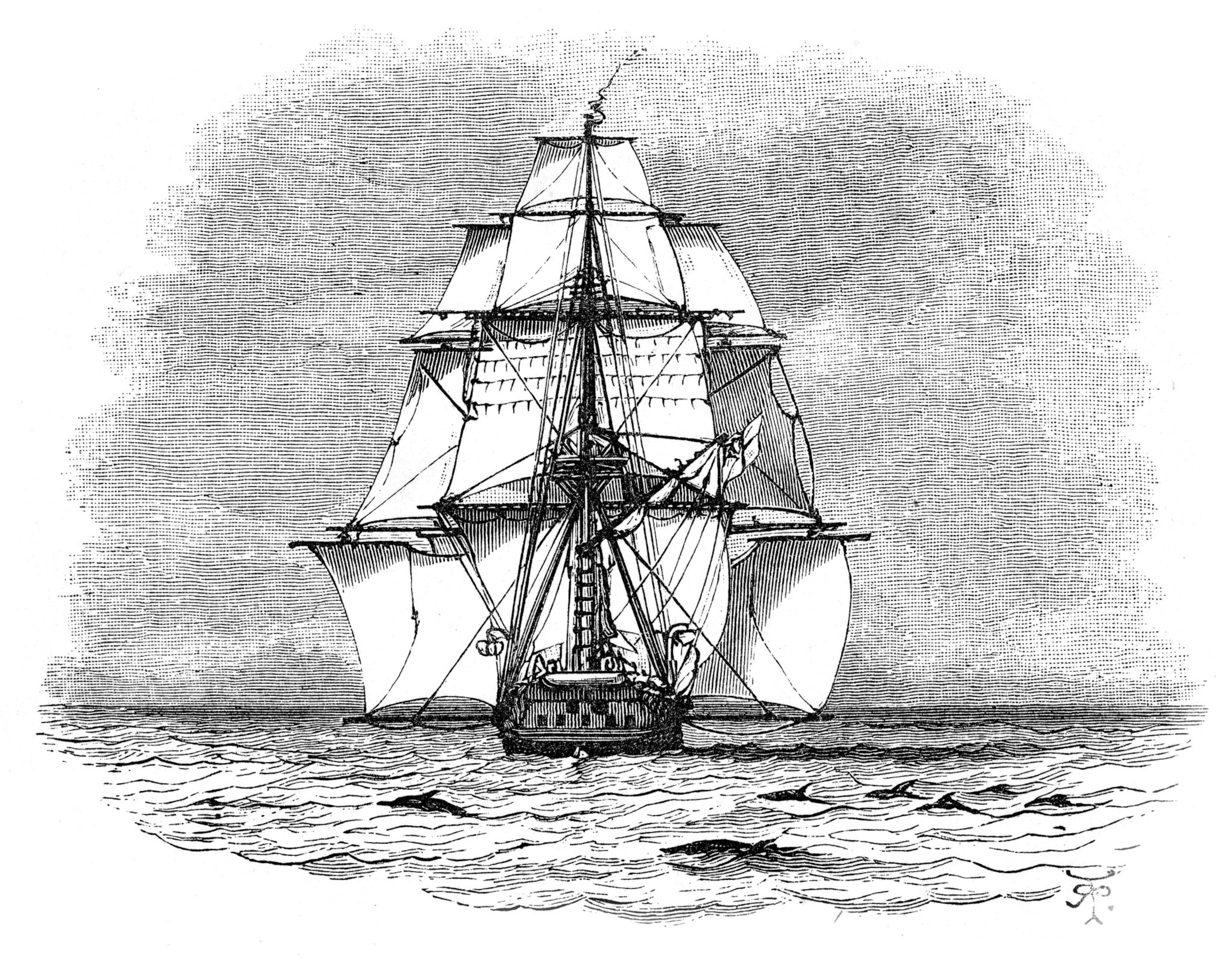 A drawing of a ship on the ocean