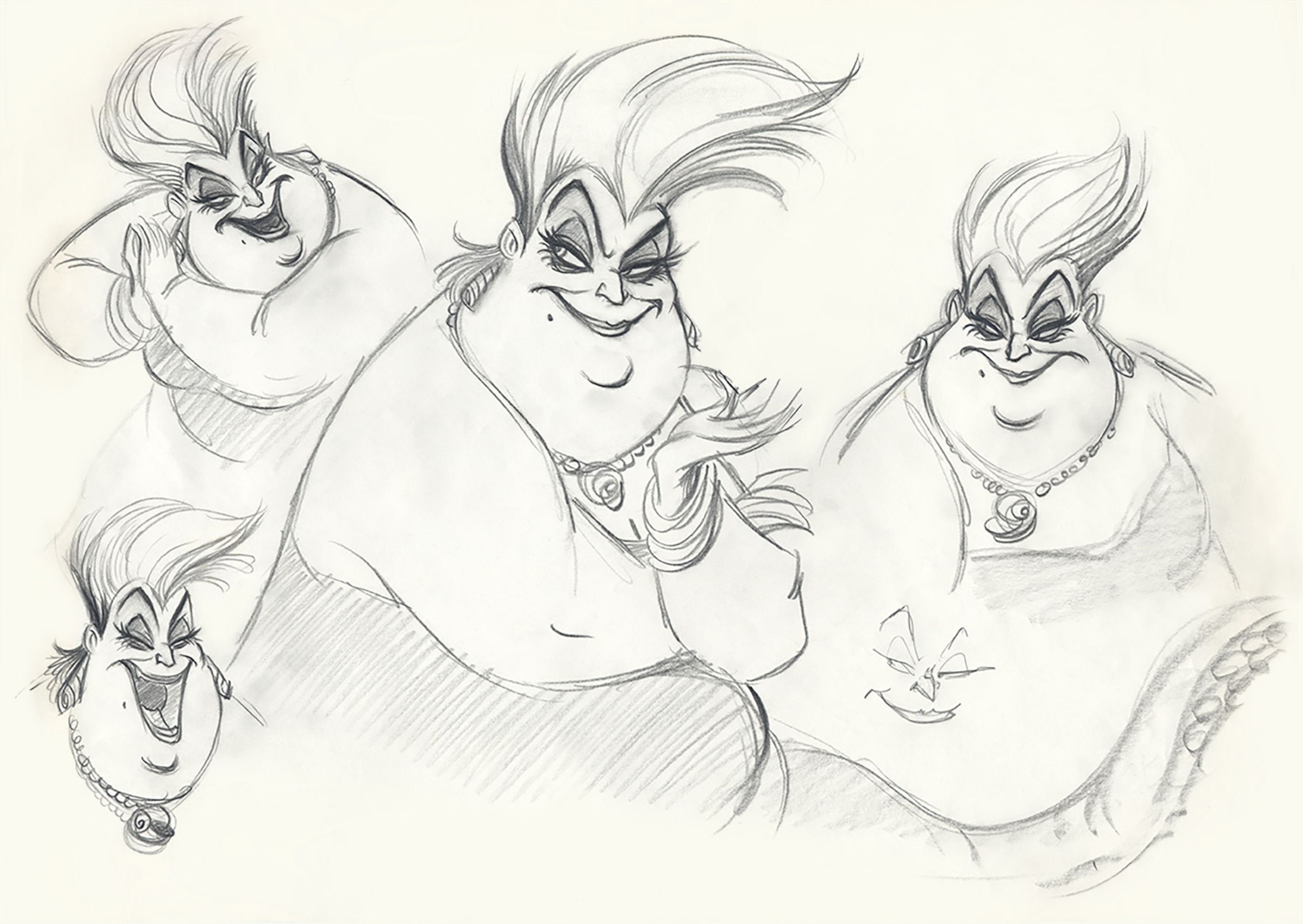 Pencil drawn illustration of Ursula hair flowing at different angles.