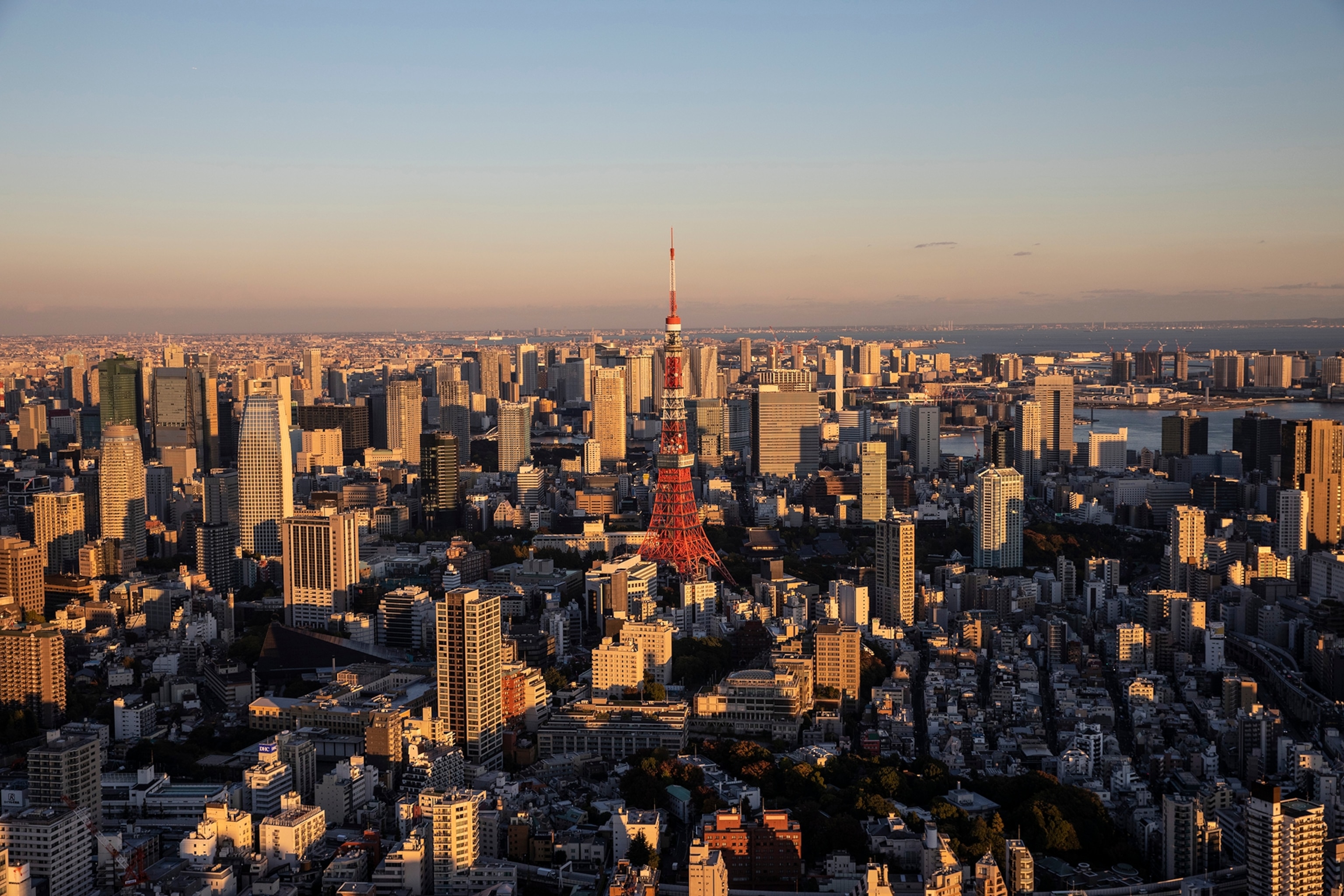 View of Tokyo and Mount Fuji at sunset seen from the top of the Moro Tower building in Tokyo.