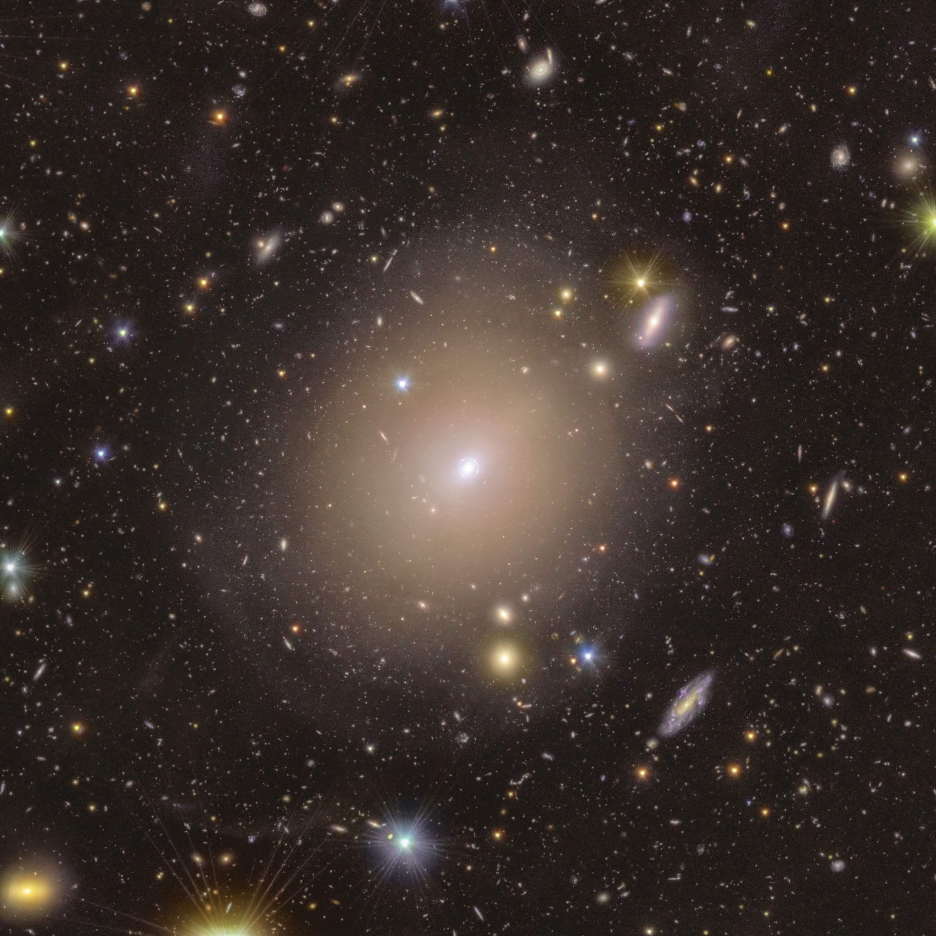 fuzzy-looking bulb of light in a warm shade of yellow extends around a small bright spot