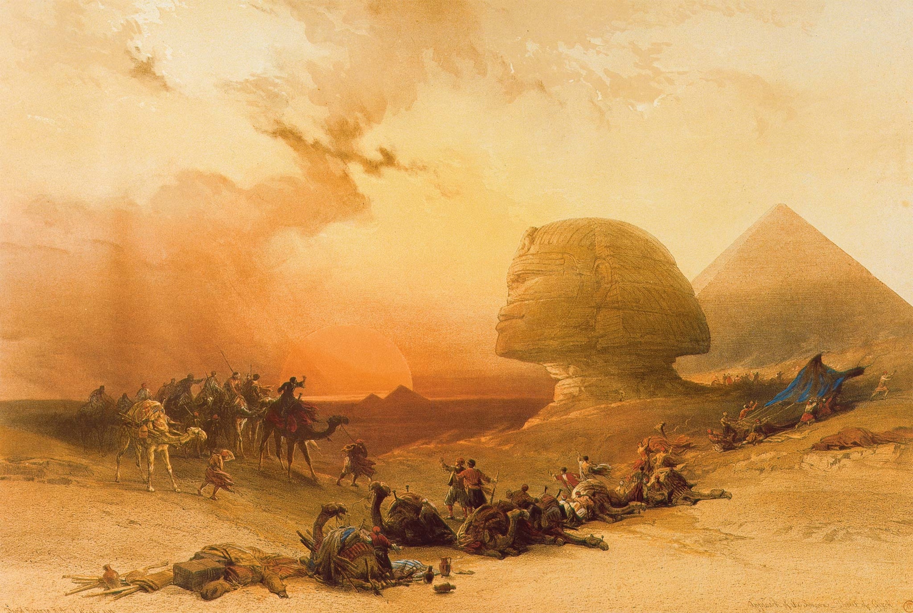 In the early 19th century, only the head of the Sphinx was visible, asartist David Roberts showed in the above lithograph, made during an 1838 trip to Egypt.