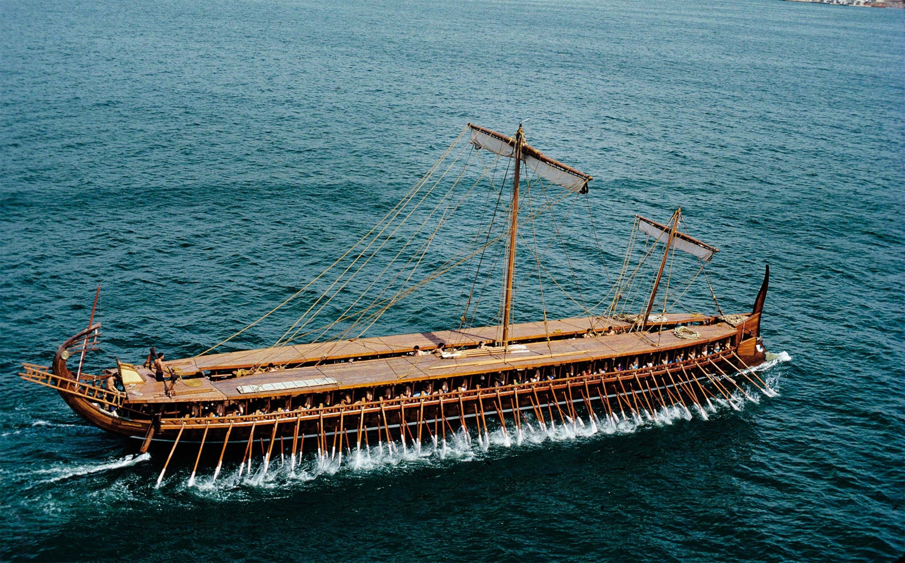 Olympias, a reproduction of an ancient trireme, was built in 1987 and sailed around the Mediterranean.