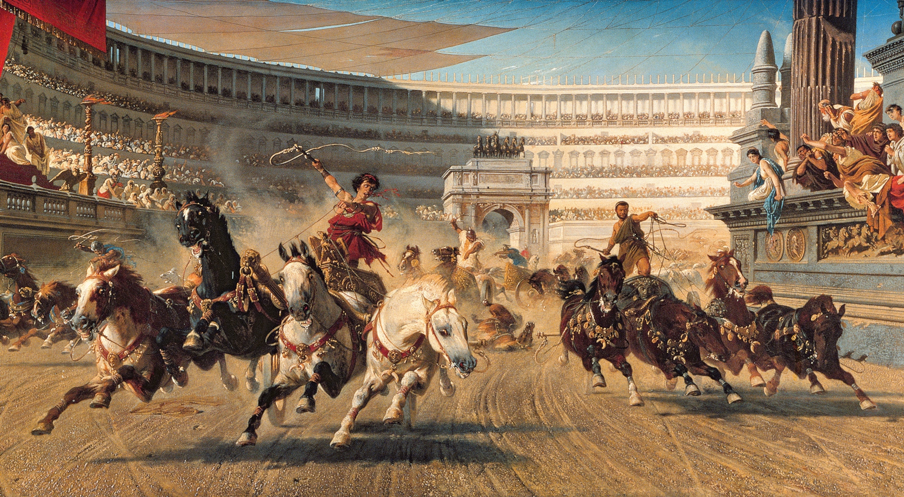 A painting of a chariot race