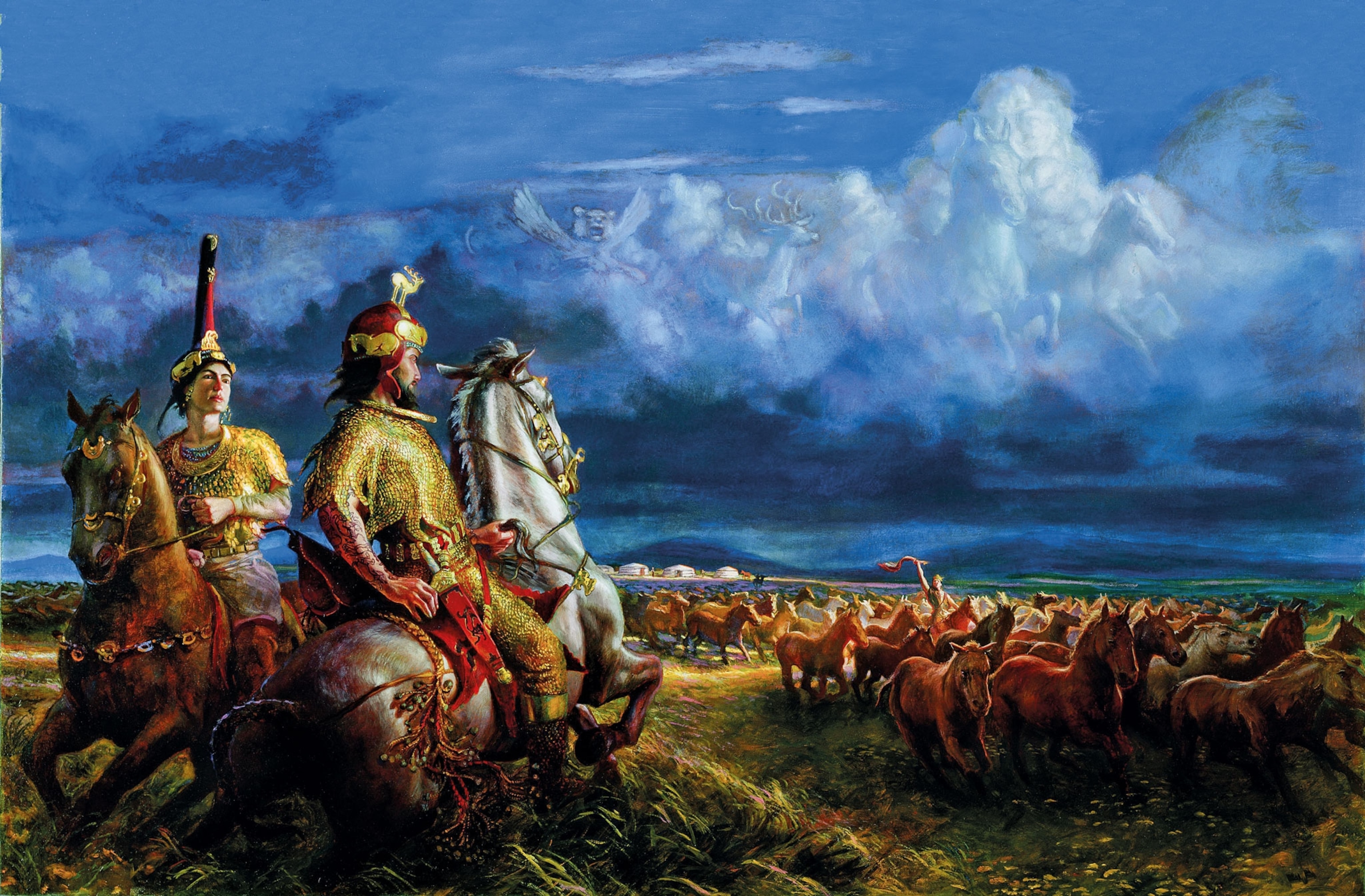A painting of a man and woman wearing gold clothes on horseback looking over a group of horses