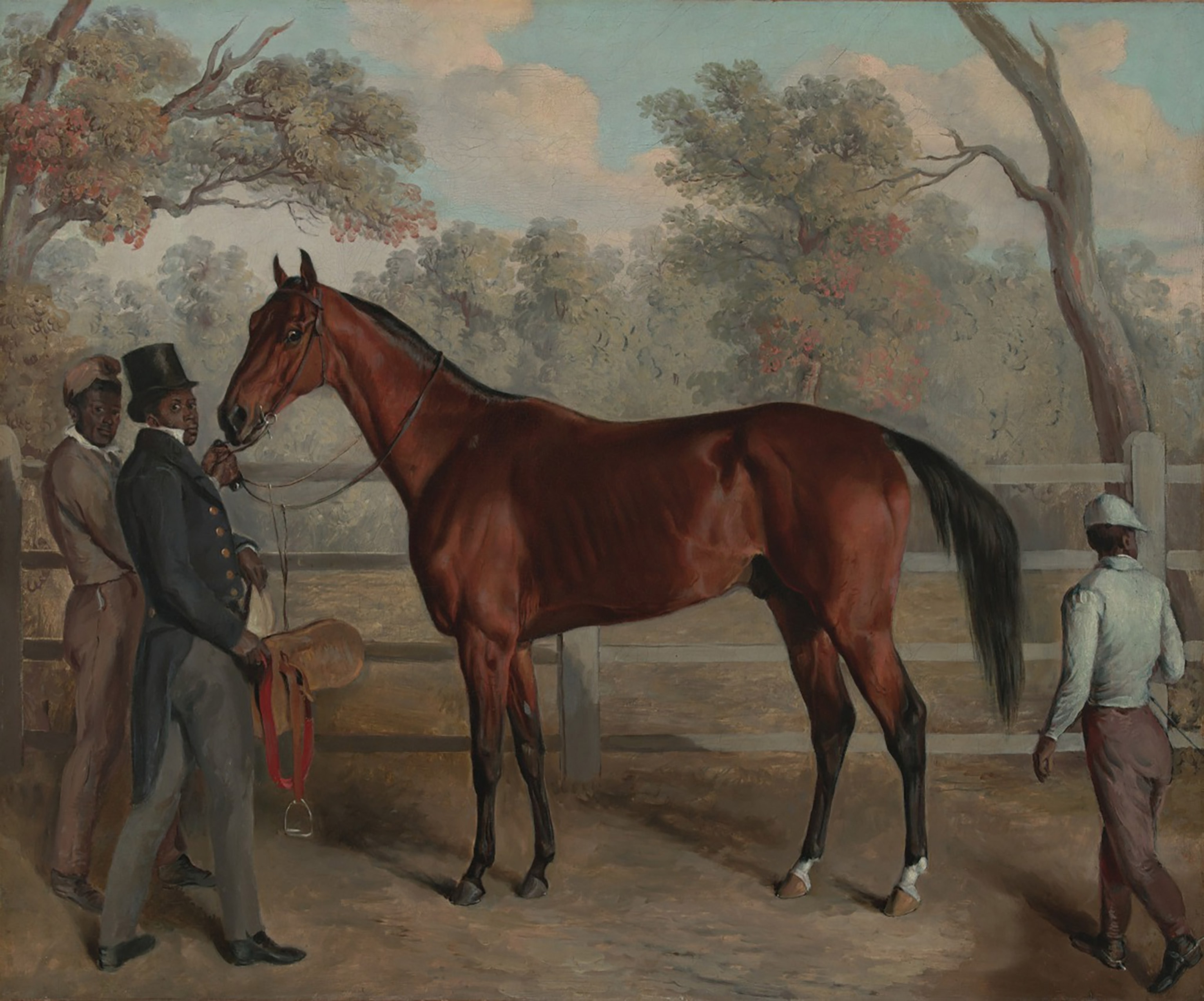 Horsemen hold onto stud looking at camera man in front is black with top hat, man in back has brown pants and vest.