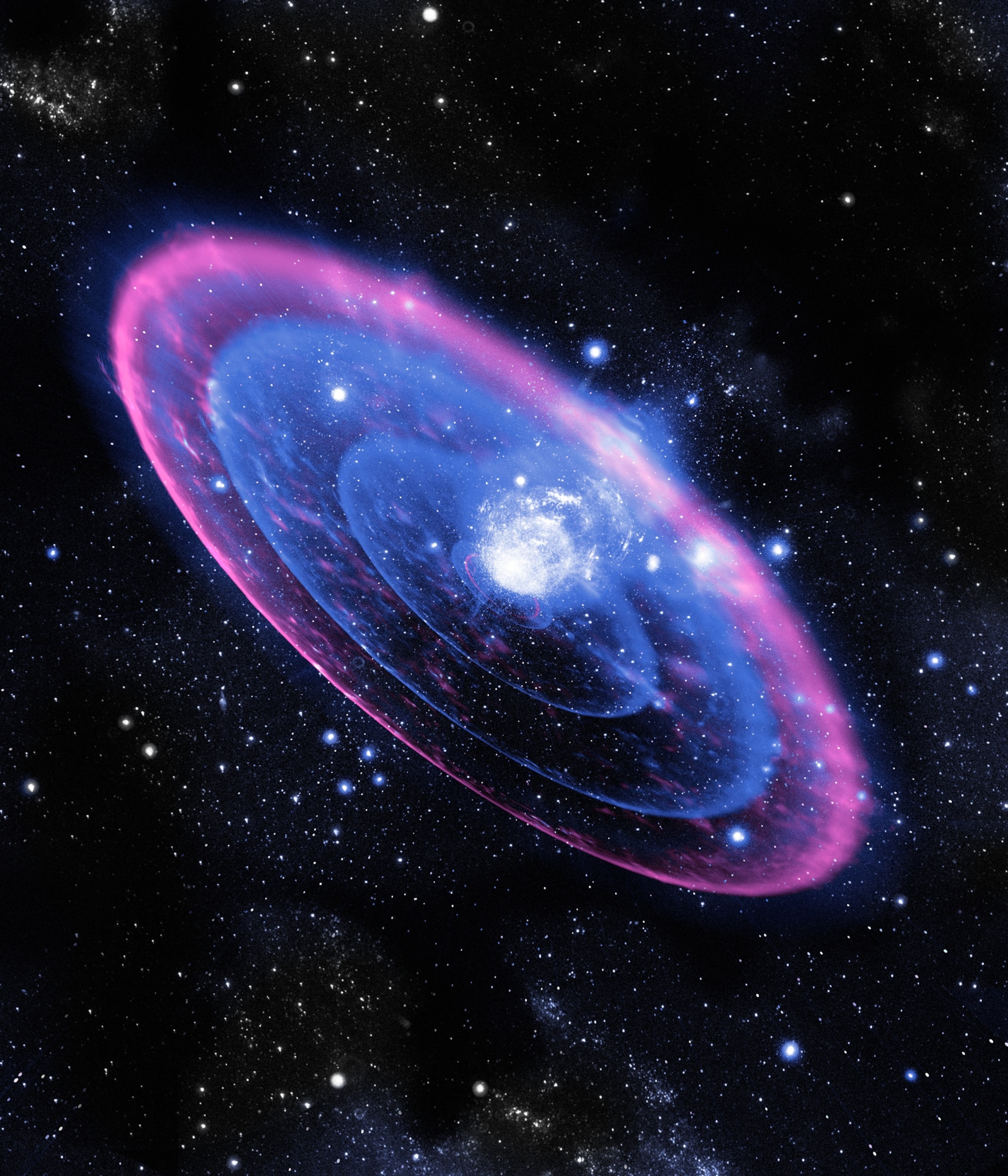 A computer illustration of an exploding star. Discs of energy and material radiate outwards from a bright white explosion.